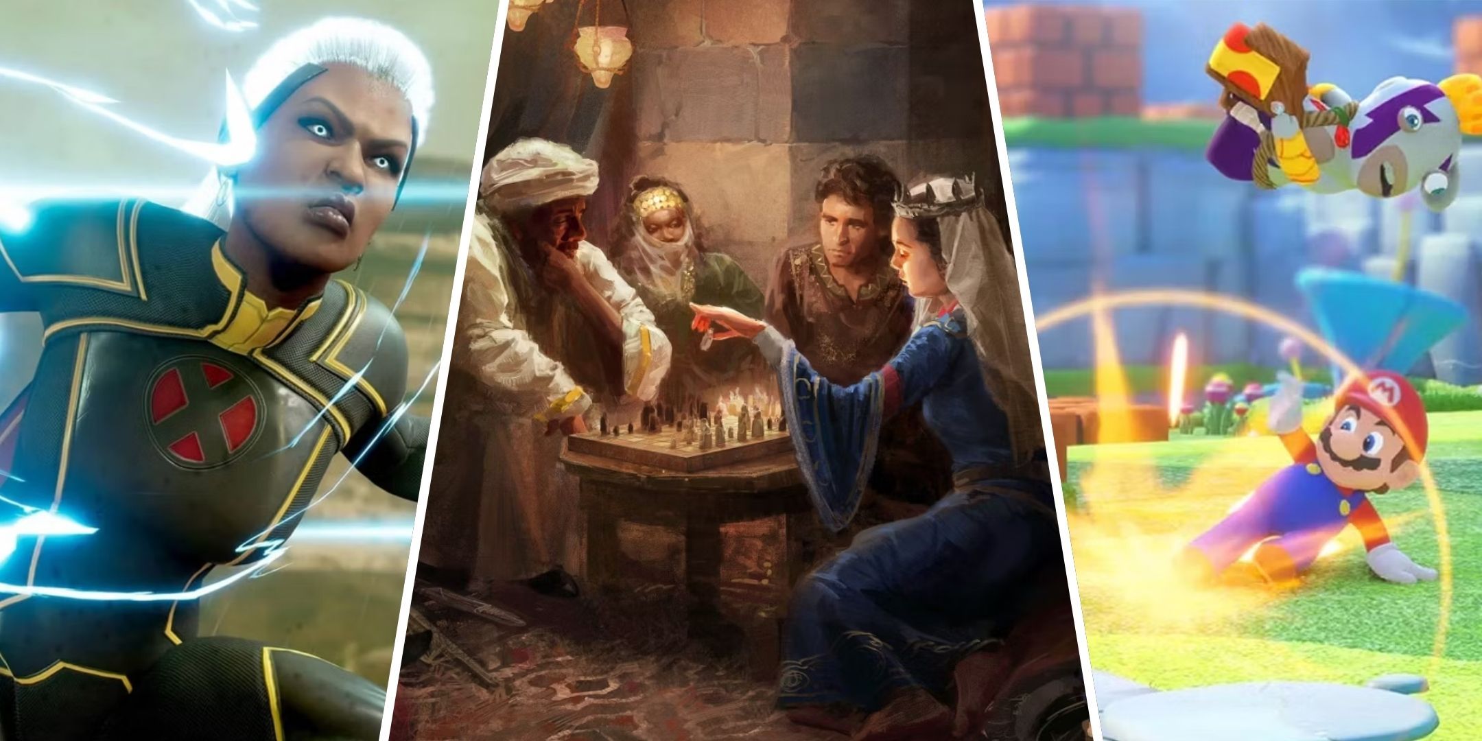 X-Men Character Storm on the left, with mario slide-attacking a rabbid on the right, and a painting from Crusader Kings 3 of people playing chess in the middle ages in the center