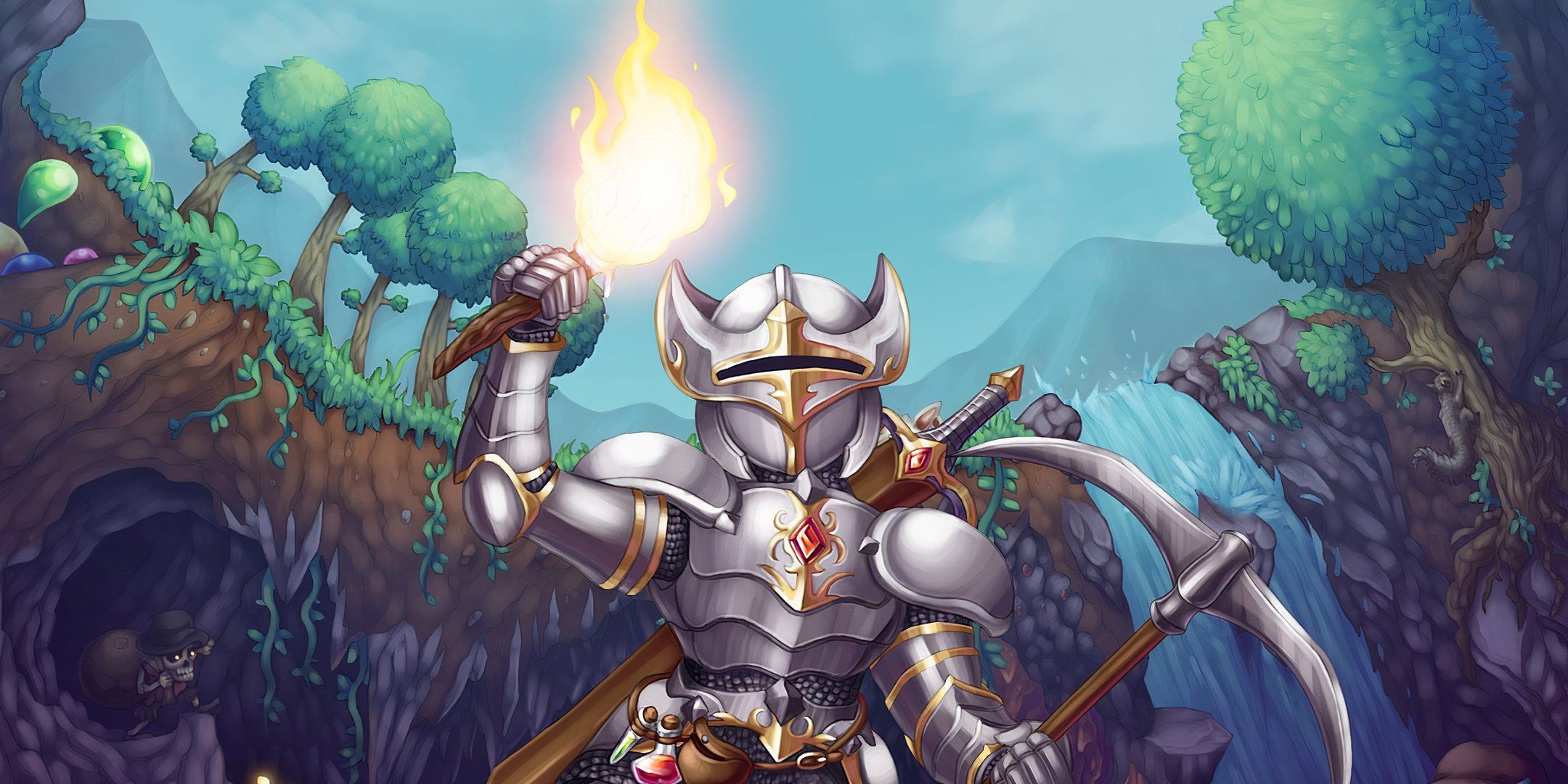 The cover art for Terraria showing a protagonist wielding a pickaxe and torch.