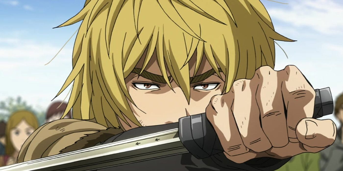 Thorfinn, a blond man, holds a sword in Vinland Saga.