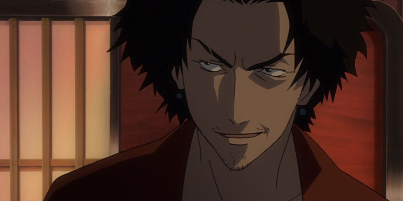 Mugen has tousled black hair and wears a red kimono.