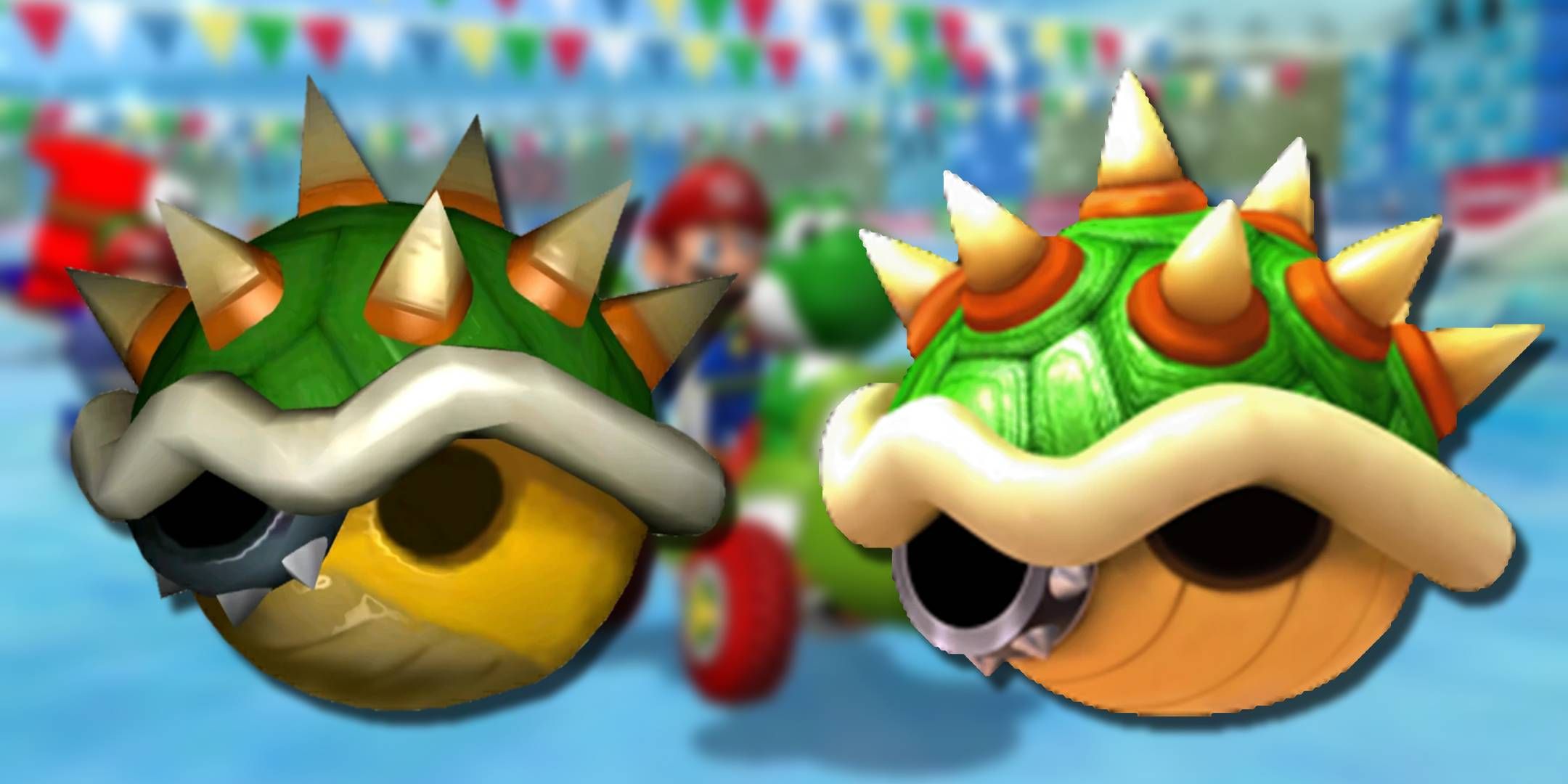 The Bowser Shell item from Mario Kart Double Dash and Tour in front of Mario and Yoshi on a kart in Double Dash