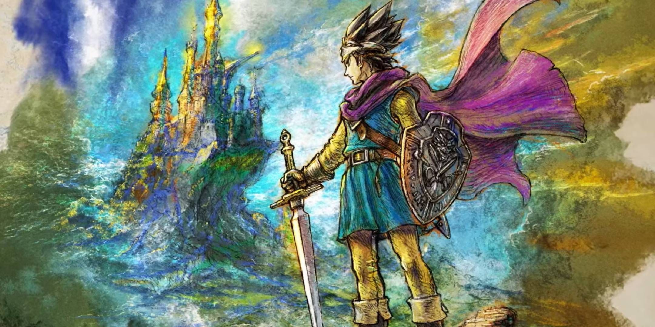 The Hero in Dragon Quest 3 HD-2D stands in front of a castle.