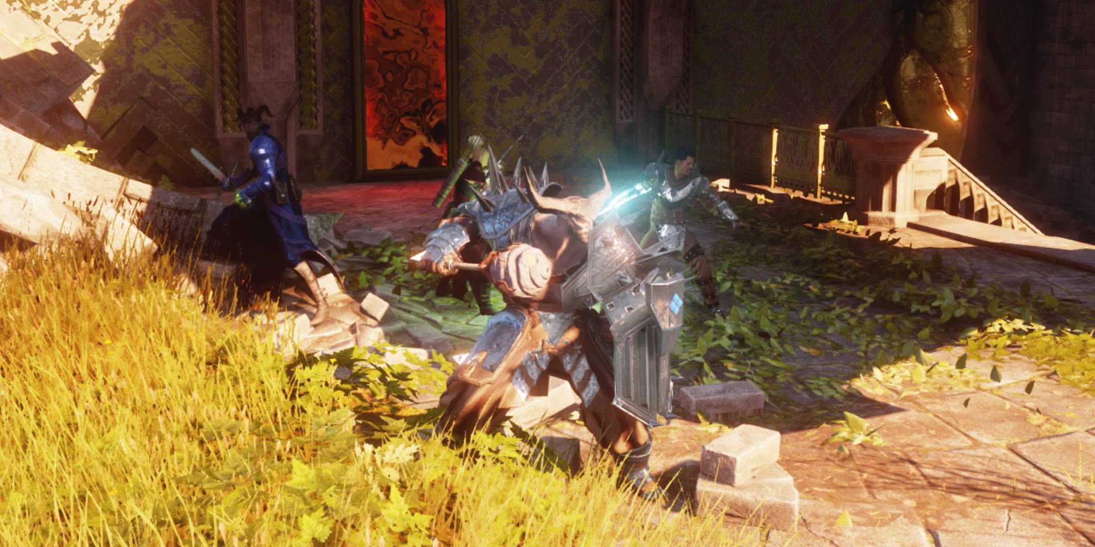 The Iron Bull wielding the Cudgel of the Gold-and-Ebon Queen weapon surrounded by Dorian, Sera, and the Inquisitor in Dragon Age: Inquisition