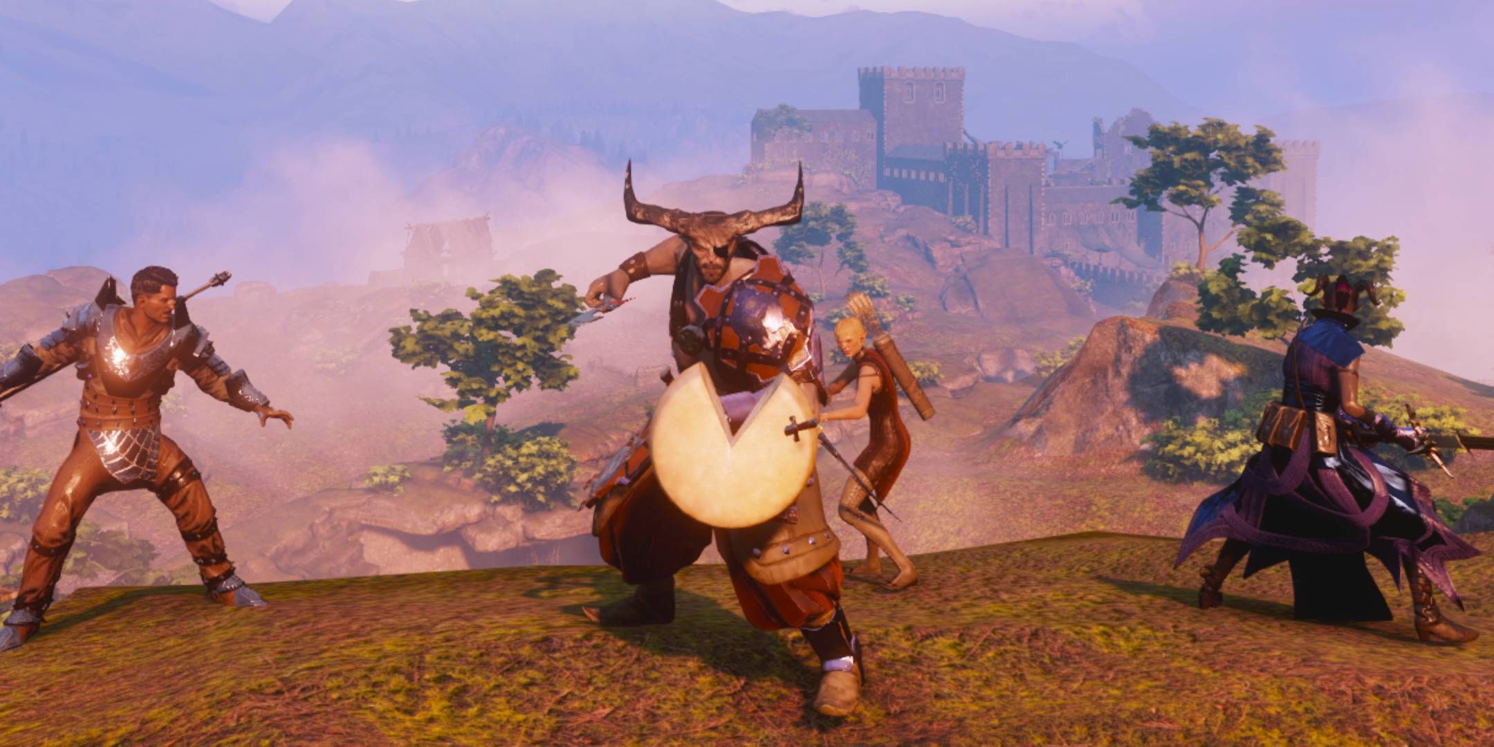 The Iron Bull wielding the Wedge of Destiny cheese shield surrounded by Dorian, Sera, and the Inquisitor in Dragon Age: Inquisition