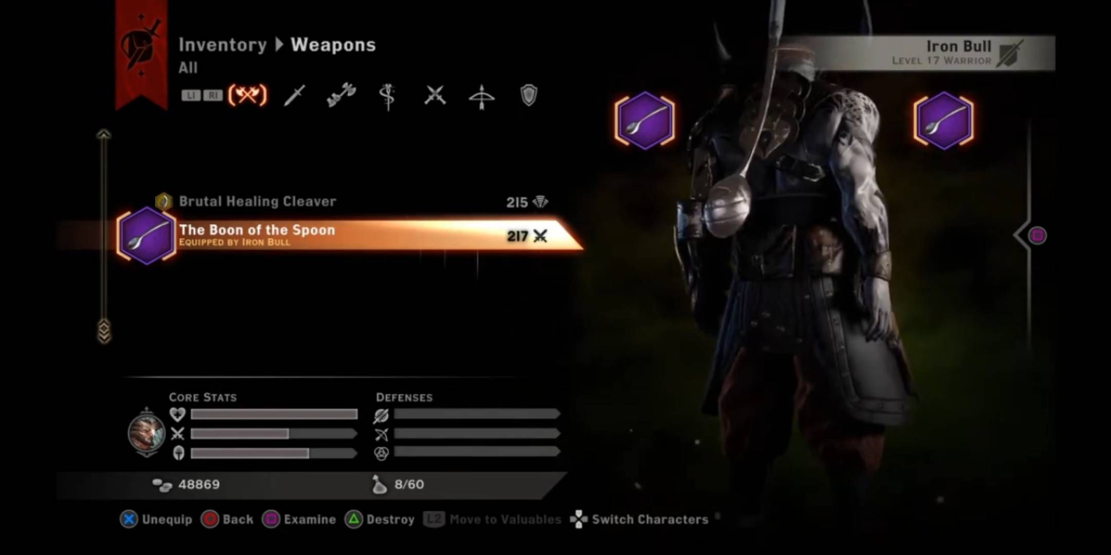 The Iron Bull with the Boon of the Spoon weapon equipped in the equipment menu of Dragon Age: Inquisition