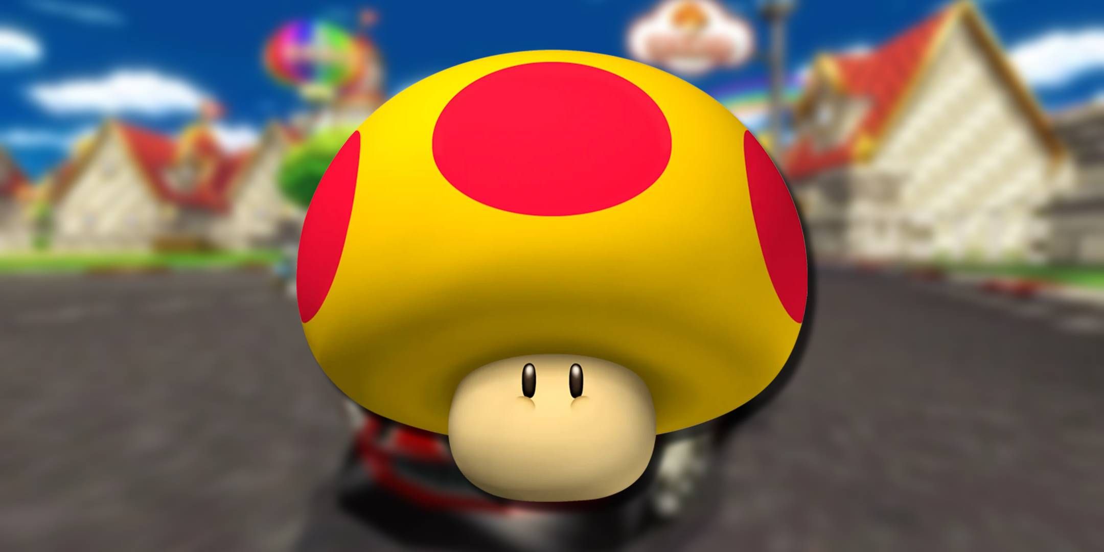 The Mega Mushroom item from Mario Kart Wii in front of an image from the game