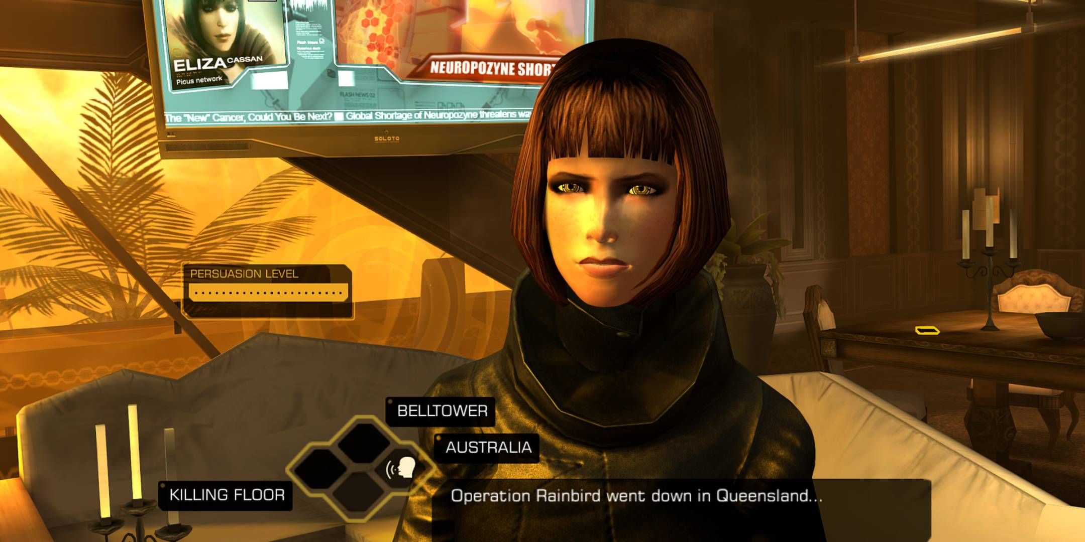 The player attempting to persuade Anna Kelso in Deus Ex The Fall