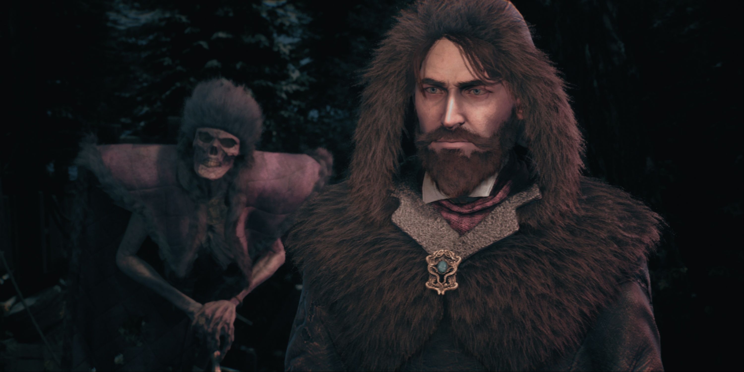 The Thaumaturge - Wiktor In A Cutscene With His  Salutor Upyr, A Skeleton Phantom With A Cane And Fur Hat, Behind Him.