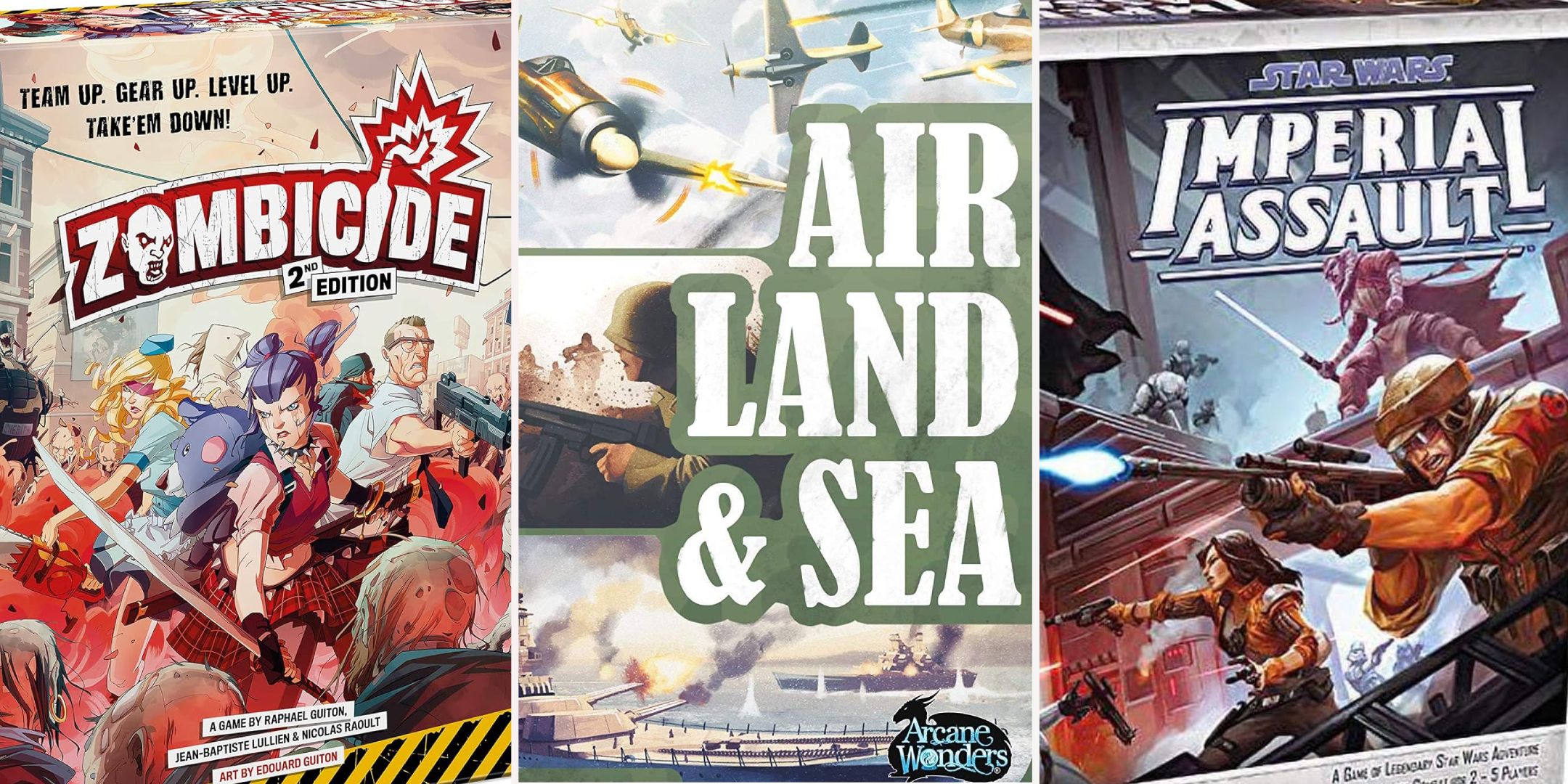 Three board games displayed together. From left to right, Zombicide, Air Land &amp; Sea, and Star Wars Imperial Assault.