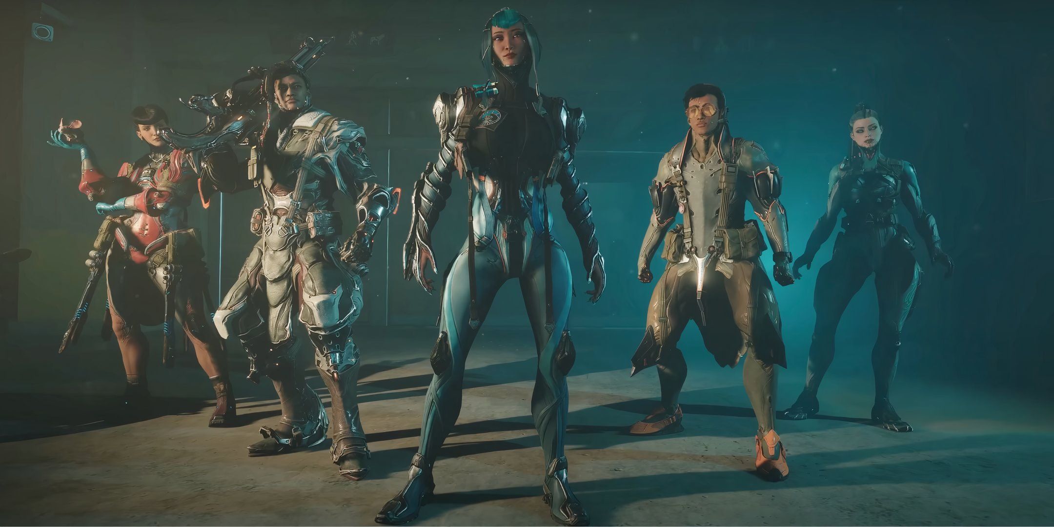 Lettie, Quincy, Aoi, Amir, and Eleanor posing together in Warframe.