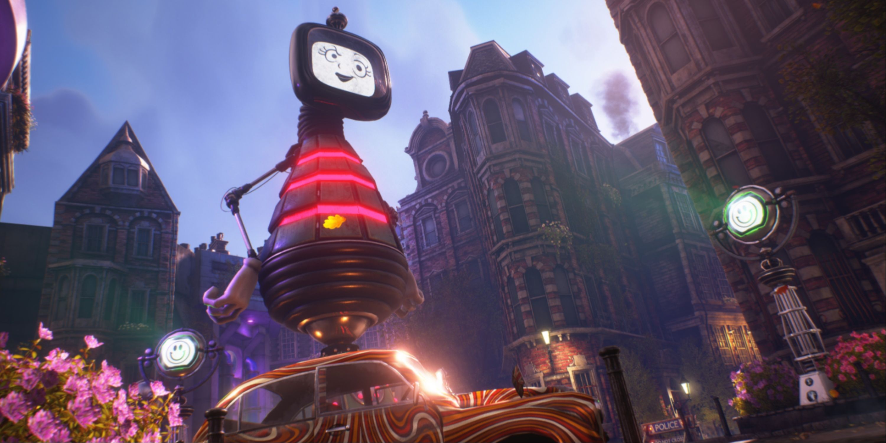 A robot with a smiling TV screen head in We Happy Few.