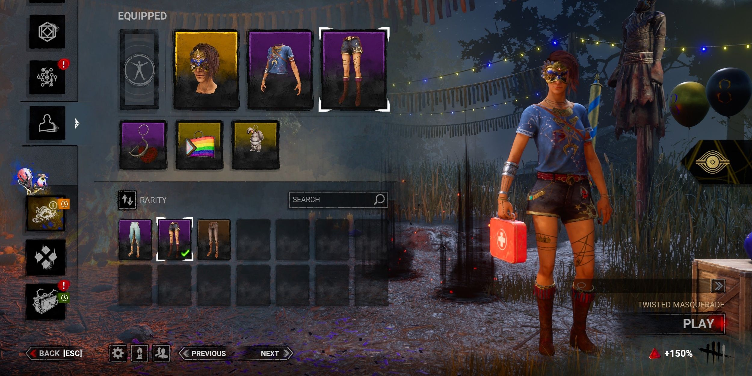 Zarina wearing her Twisted Masquerade mask and a blue and gold outfit in Dead by Daylight