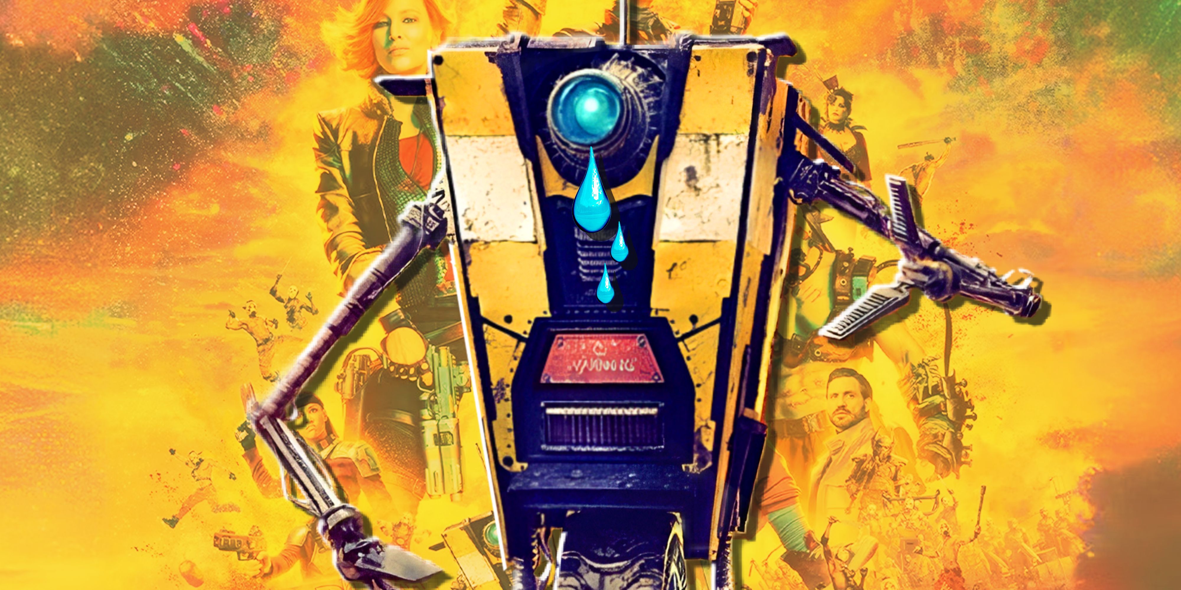 Claptrap crying with the cast of the Borderlands movie in the background