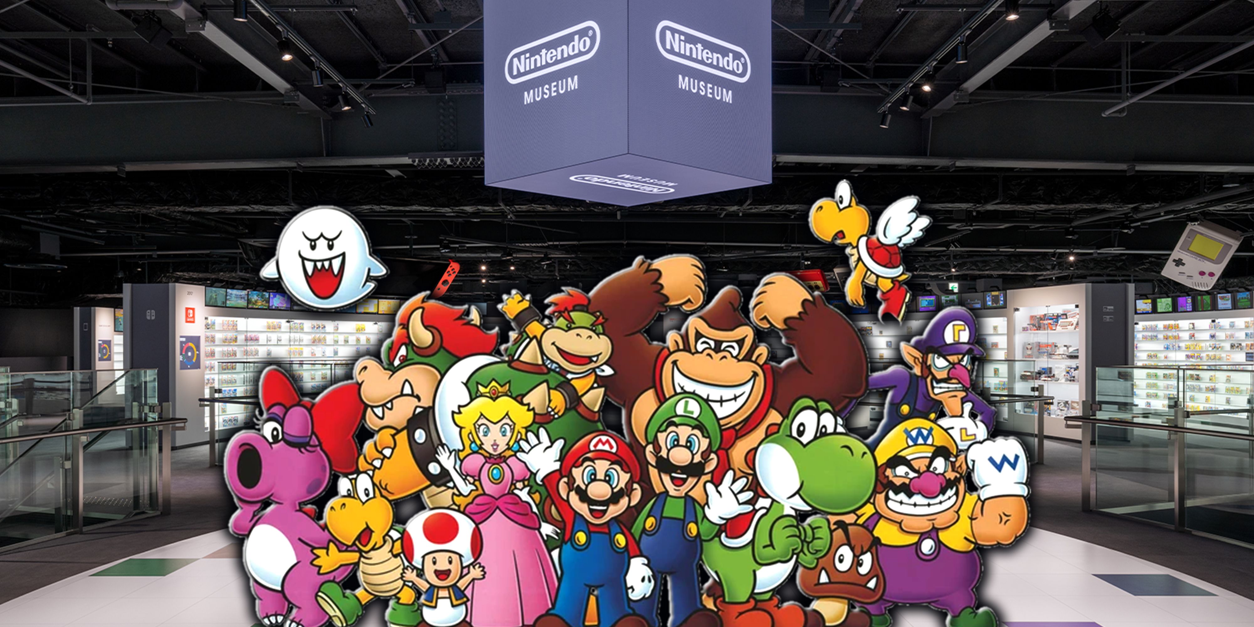 A bunch of Mario characters posing for pictures at the Nintendo Museum