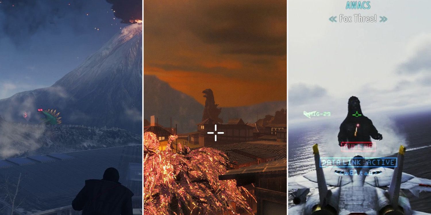 A collage of Godzilla cameos, including, from left to right: Hitman, Shadow Warrior, and Ace Combat: Inifnite.