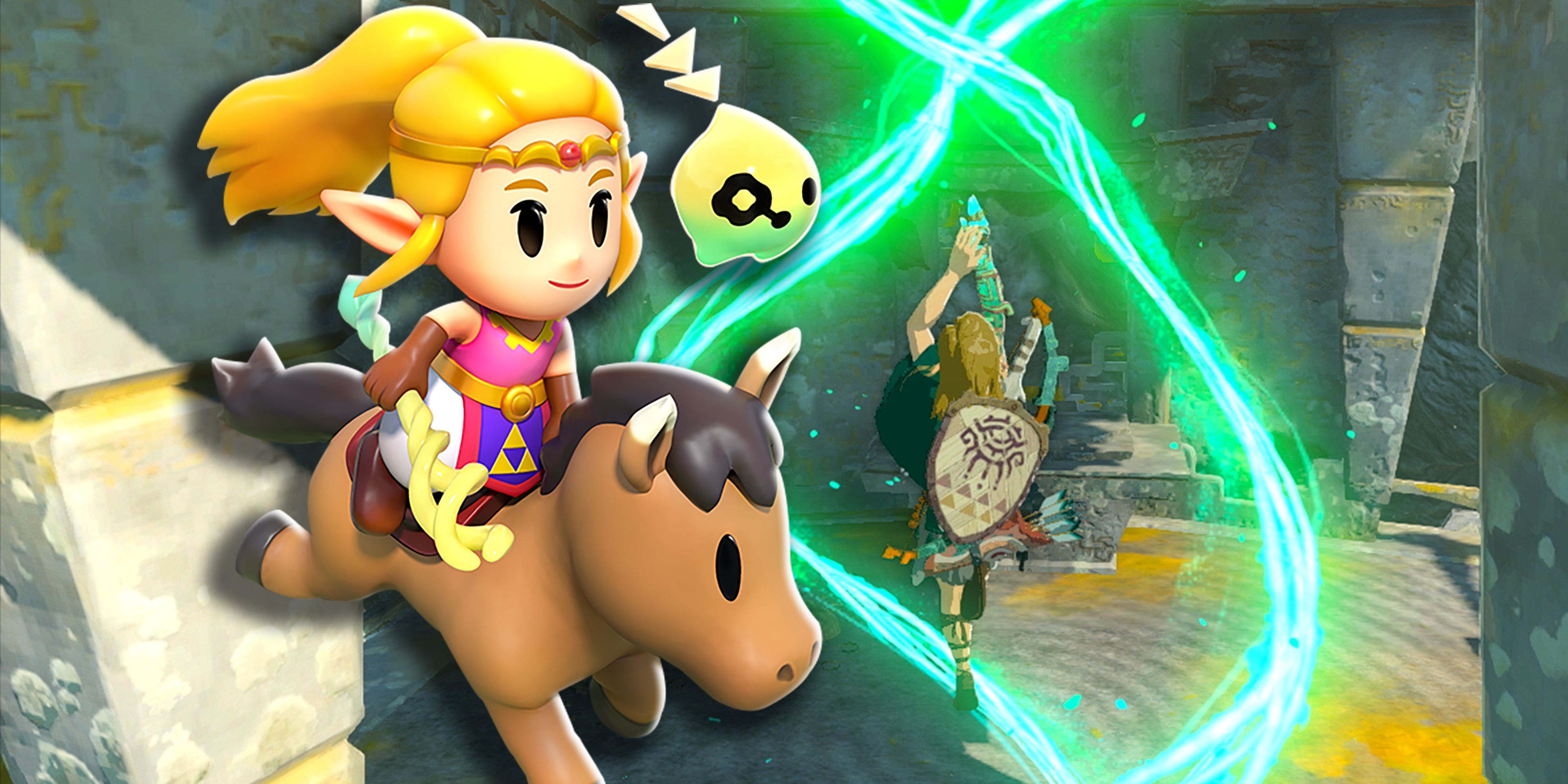 Split image with Zelda riding her horse in Echoes of Wisdom and Link ascending in Tears of the Kingdom