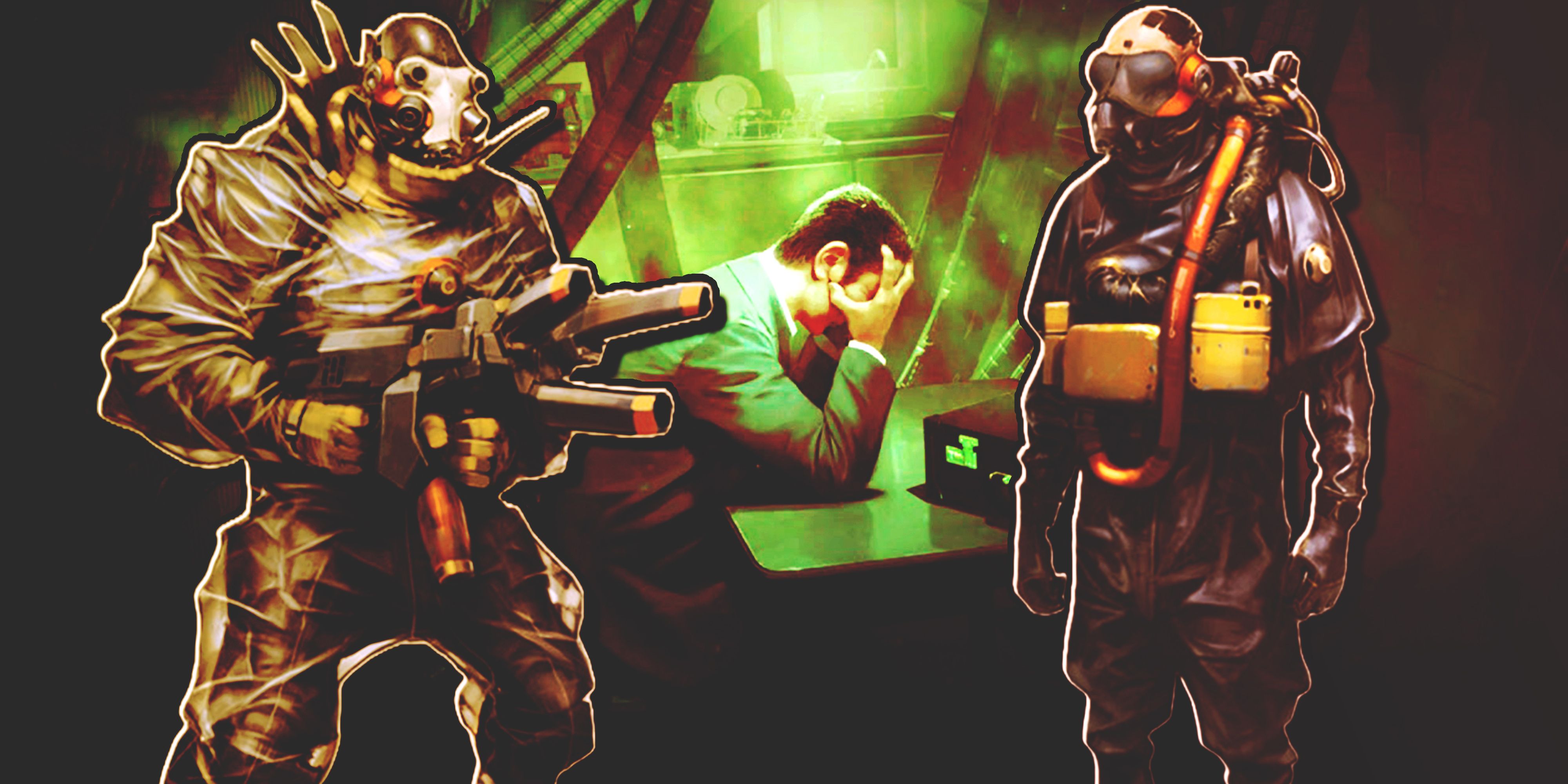 G-Man from the artwork for The Final Hours of Half-Life: Alyx in the background and Combine characters in the foreground