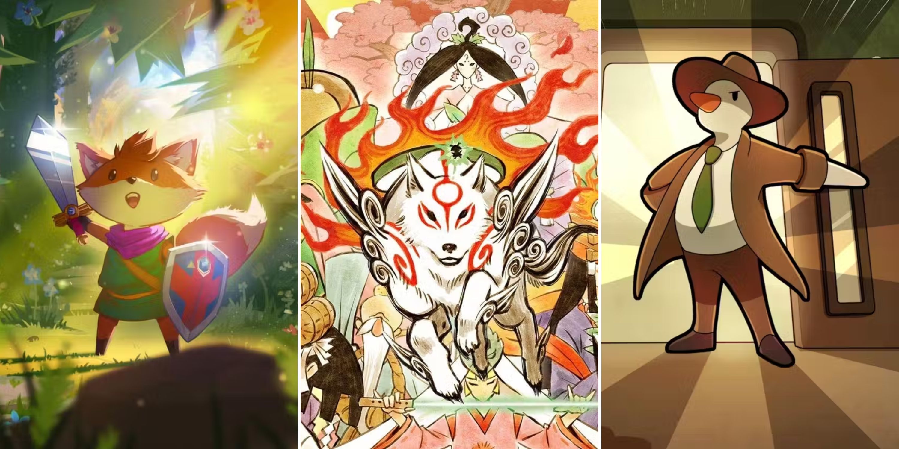 A fox holds a sword in the air in Tunic, Amaterasu from Okami jumps forward, the Duck Detective makes an entrance.