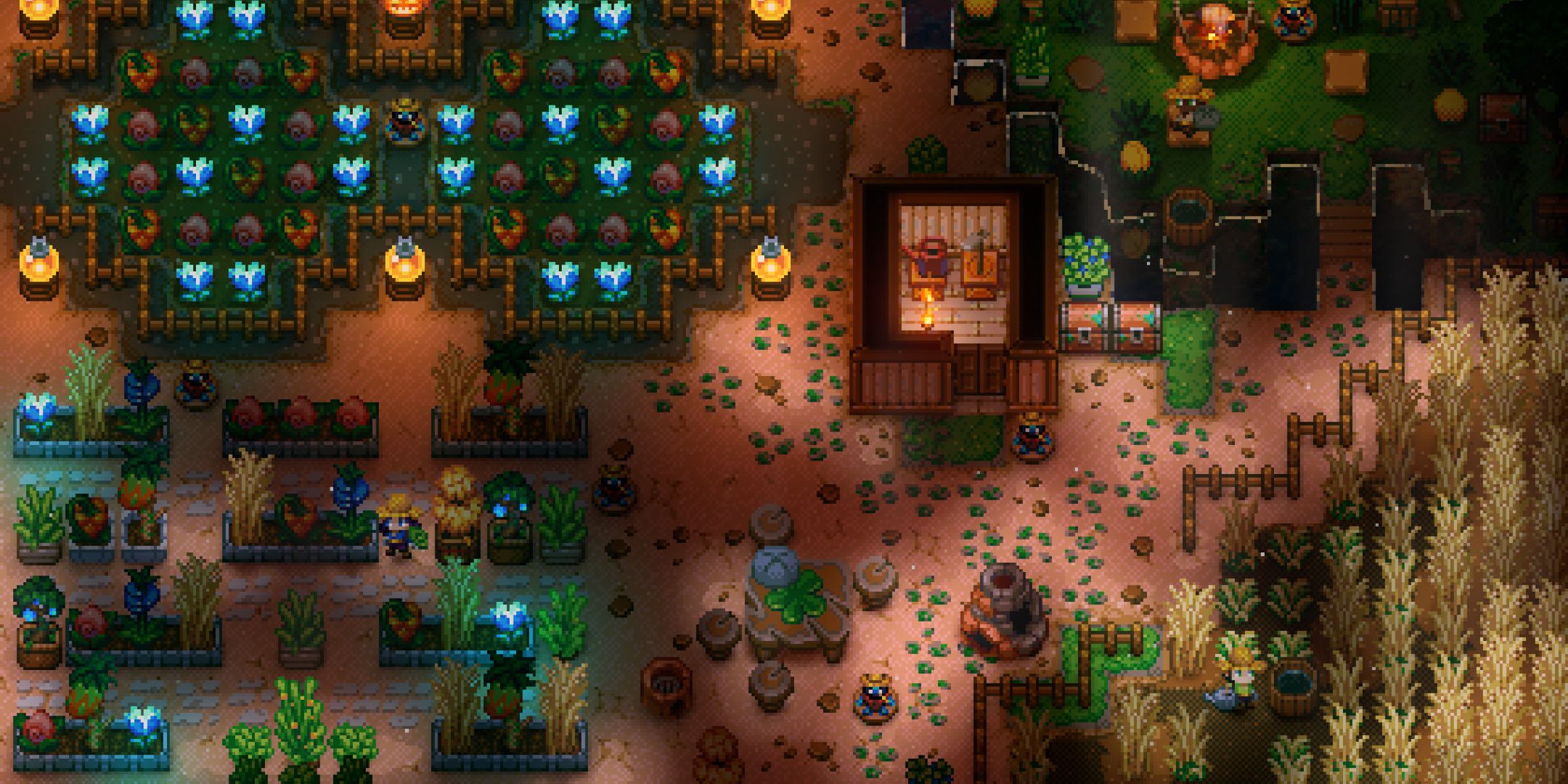 A players base in Core Keeper, with tons of growing crops and decorations.