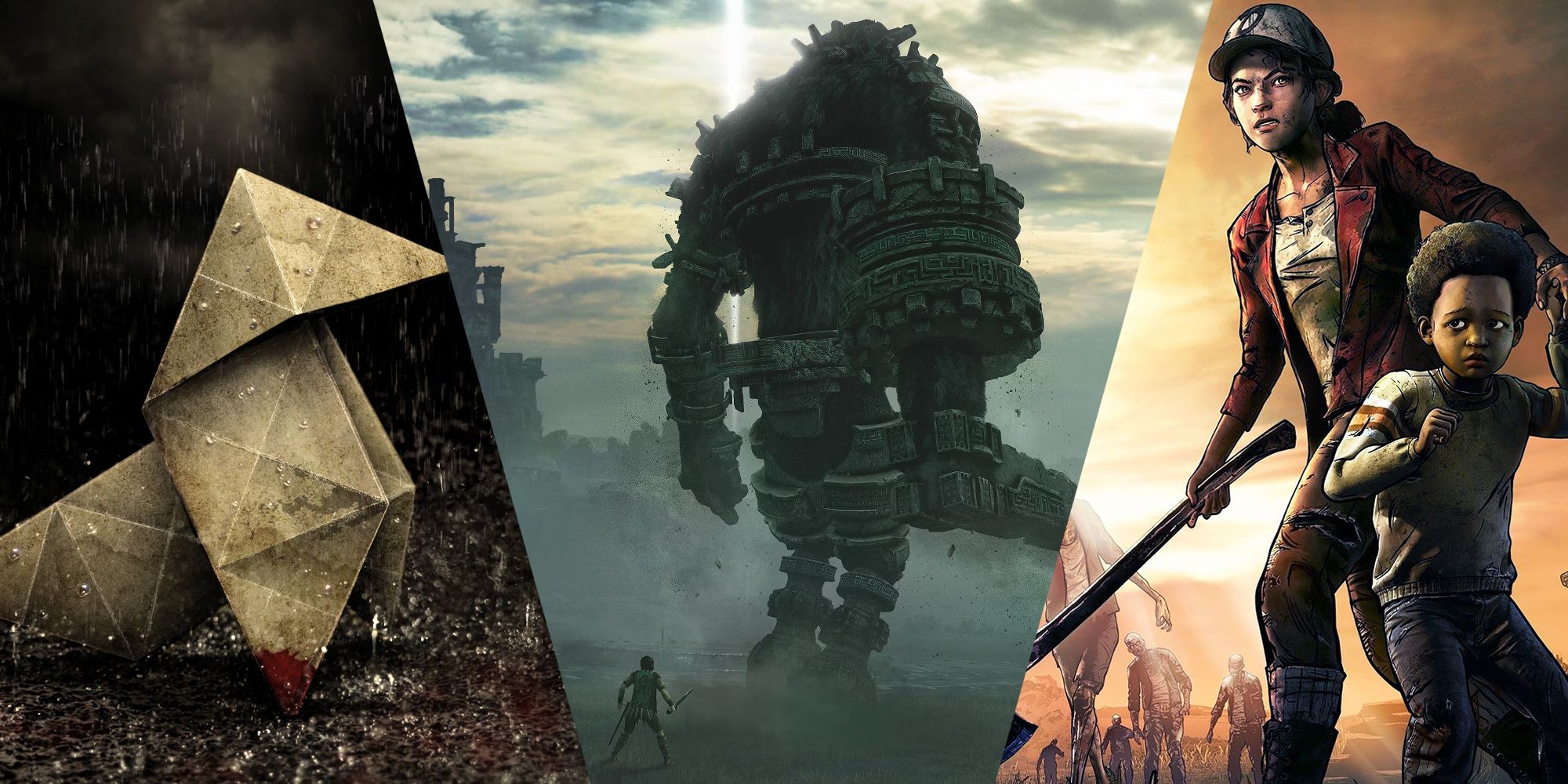 A Split Image Depicting Scenes From Heavy Rain, Shadow Of The Colossus, And The Walking Dead