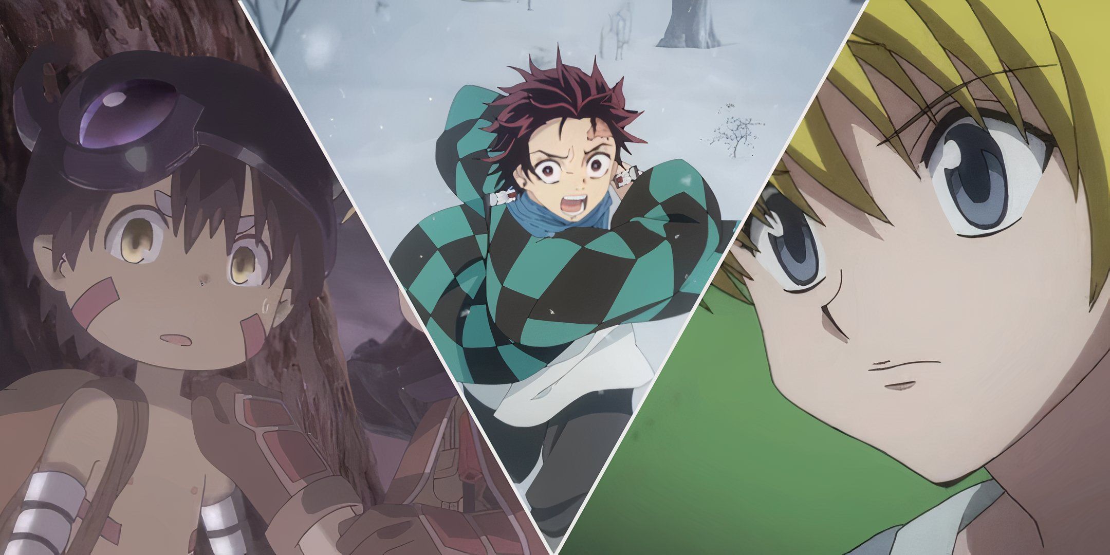 A split image showing characters from different anime such as Made in Abyss, Demon Slayer and Hunter x Hunter.