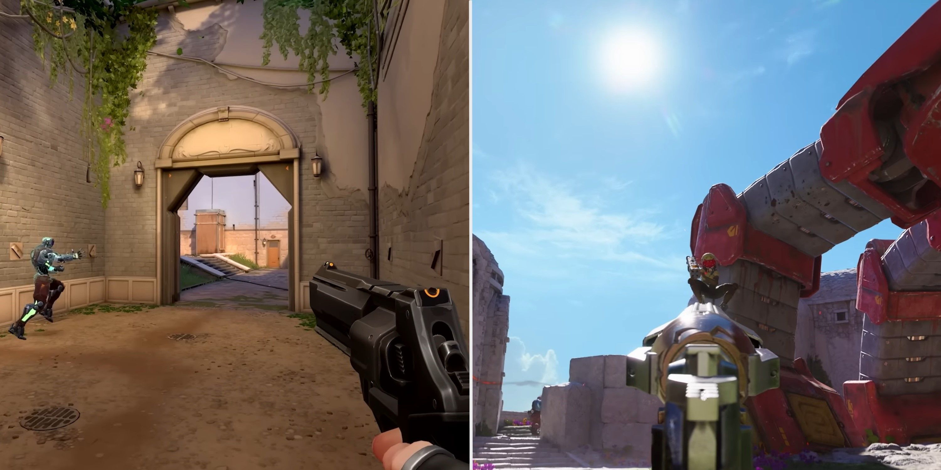 A split image showing screenshots of players holding a gun in Valorant and Concord.