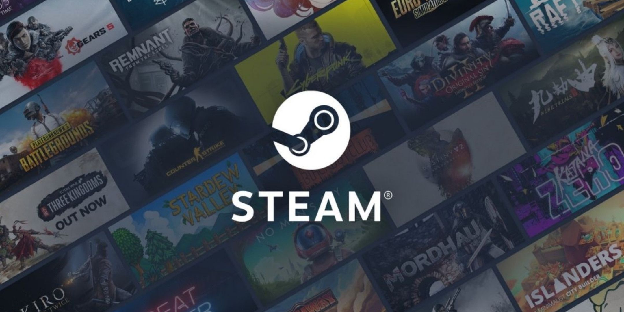 A Steam logo with various games in the background