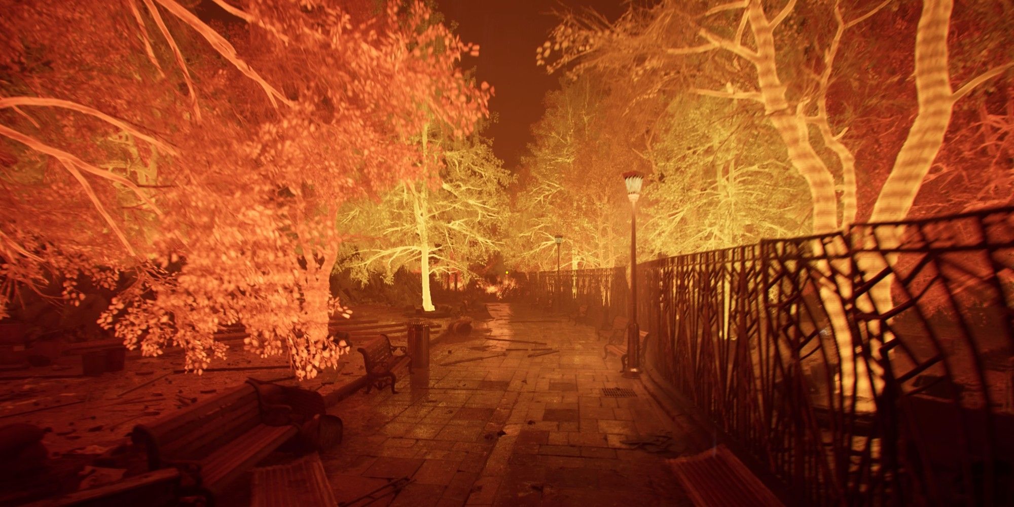 A walkway between the artificial trees in “Nobody Wants To Die”