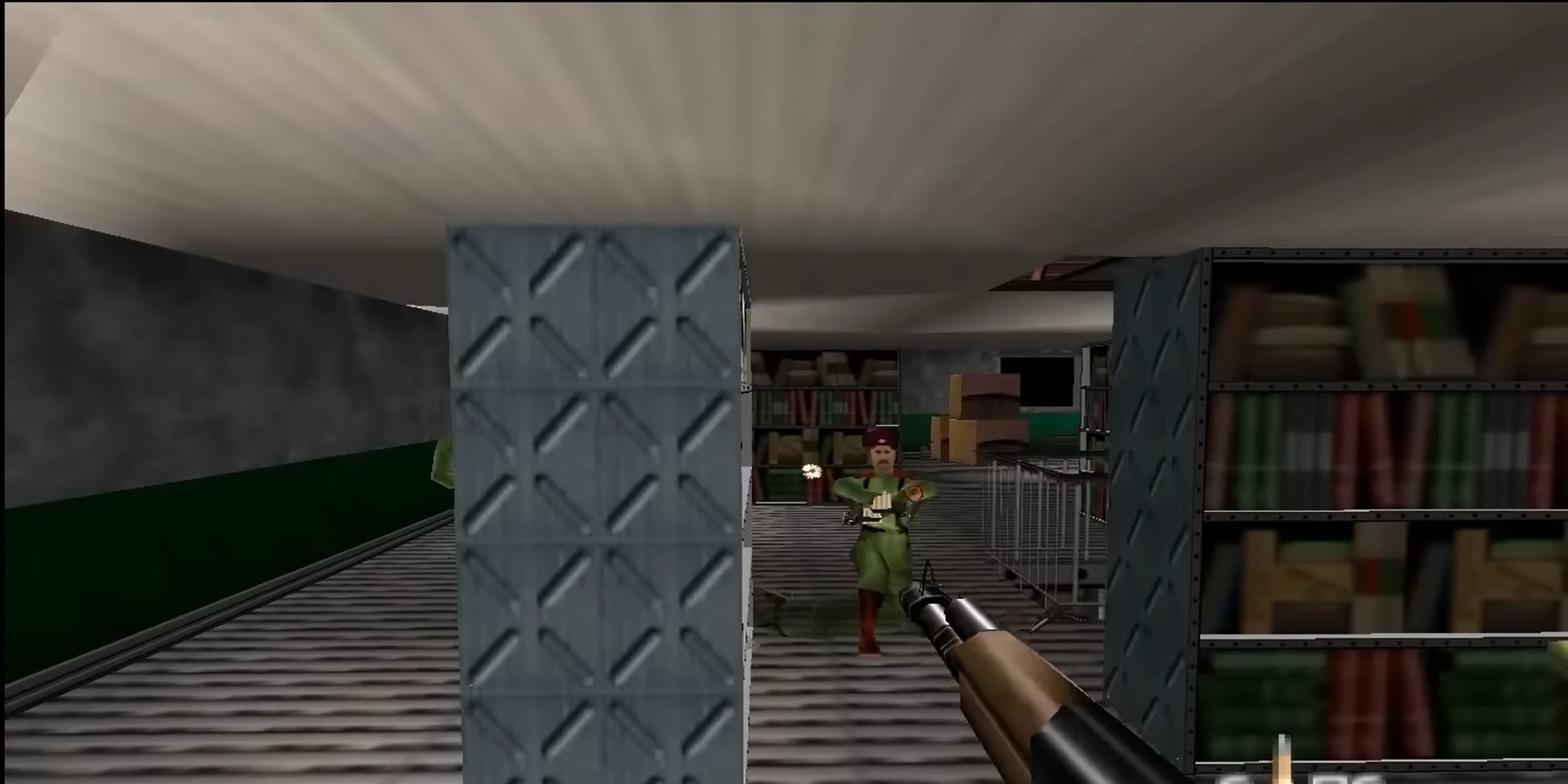 Aiming a rifle at a Soviet soldier in GoldenEye 007.