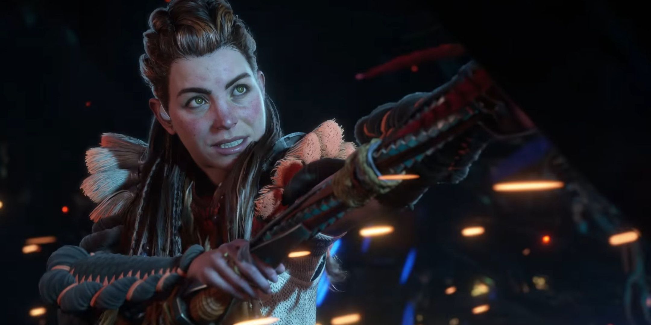 Aloy attacking a machine with a spear in Horizon Forbidden West.