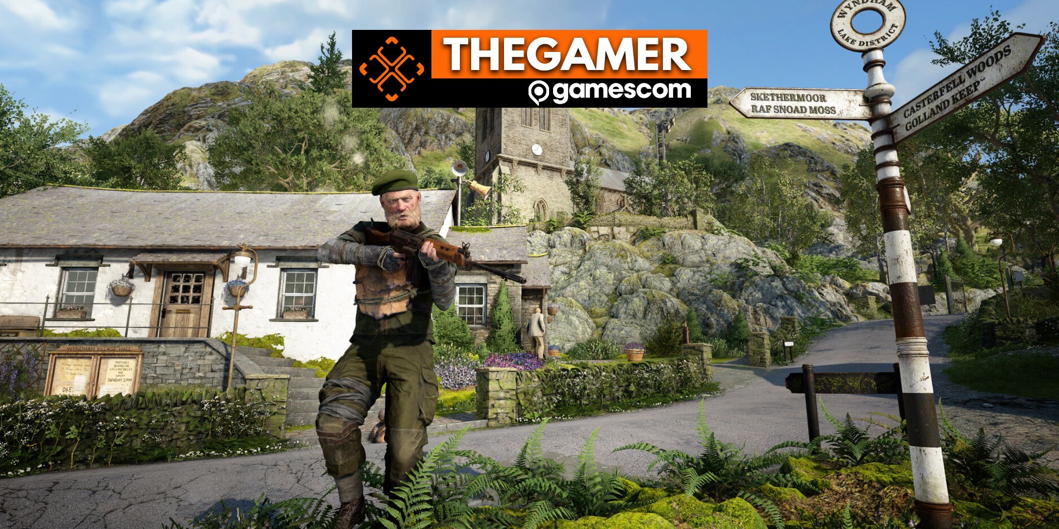 A soldier in Atomfall pointing a gun in a Northern England village