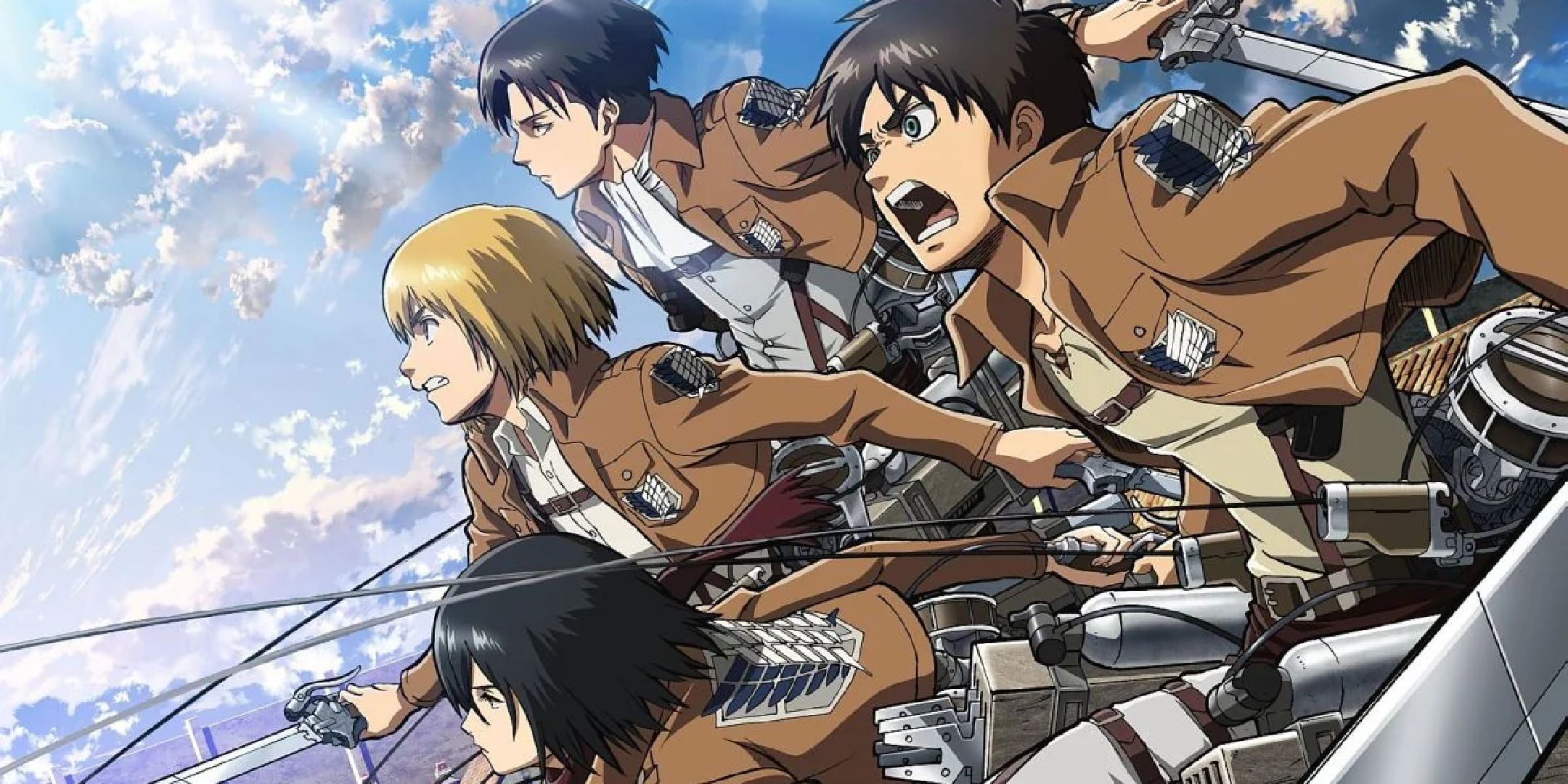 Eren, Armin, Levi and Mikasa lean to the left and are ready to attack. 