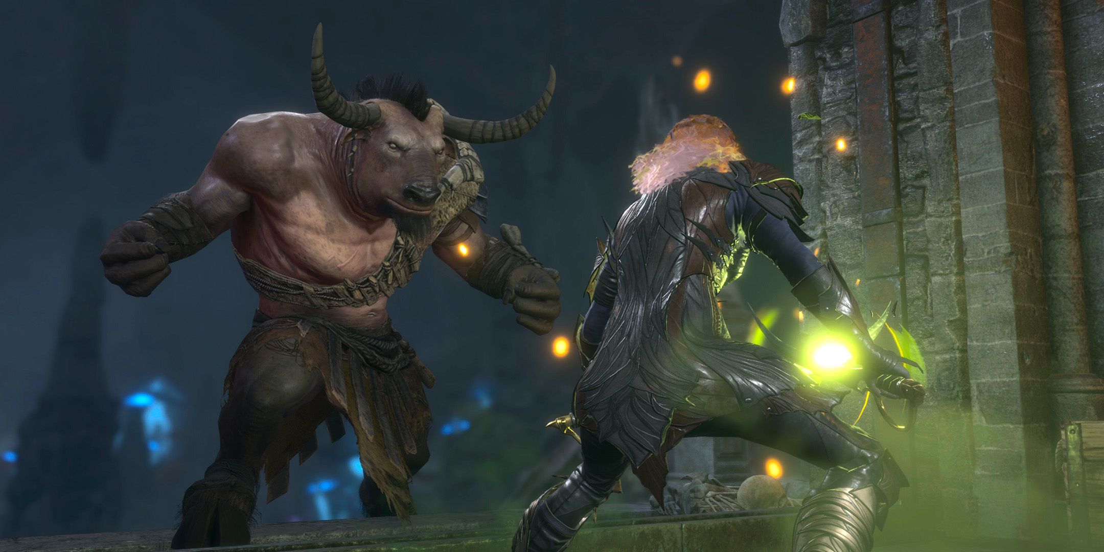 Il protagonista che combatte un minotauro in un dark sungeon nella Porta di Baldur 3.