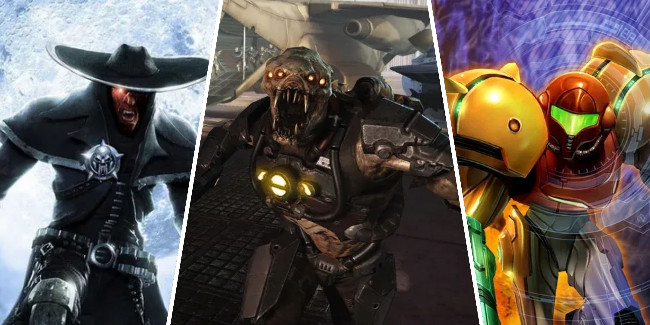 Split image of Jericho from Darkwatch, a Chimera from Resistance, and Samus from Metroid Prime.