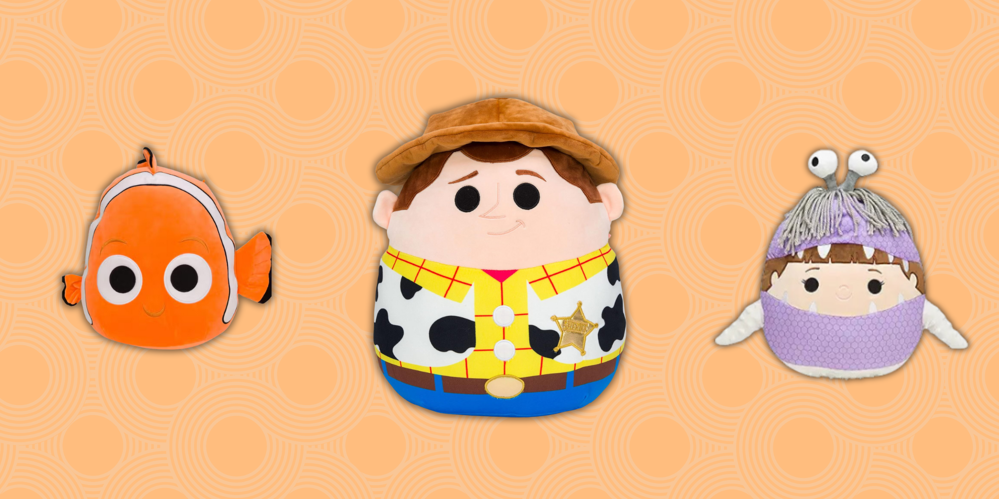 Best Pixar Squishmallow plushes, featuring Nemo, Woody, Boo and other favorites.