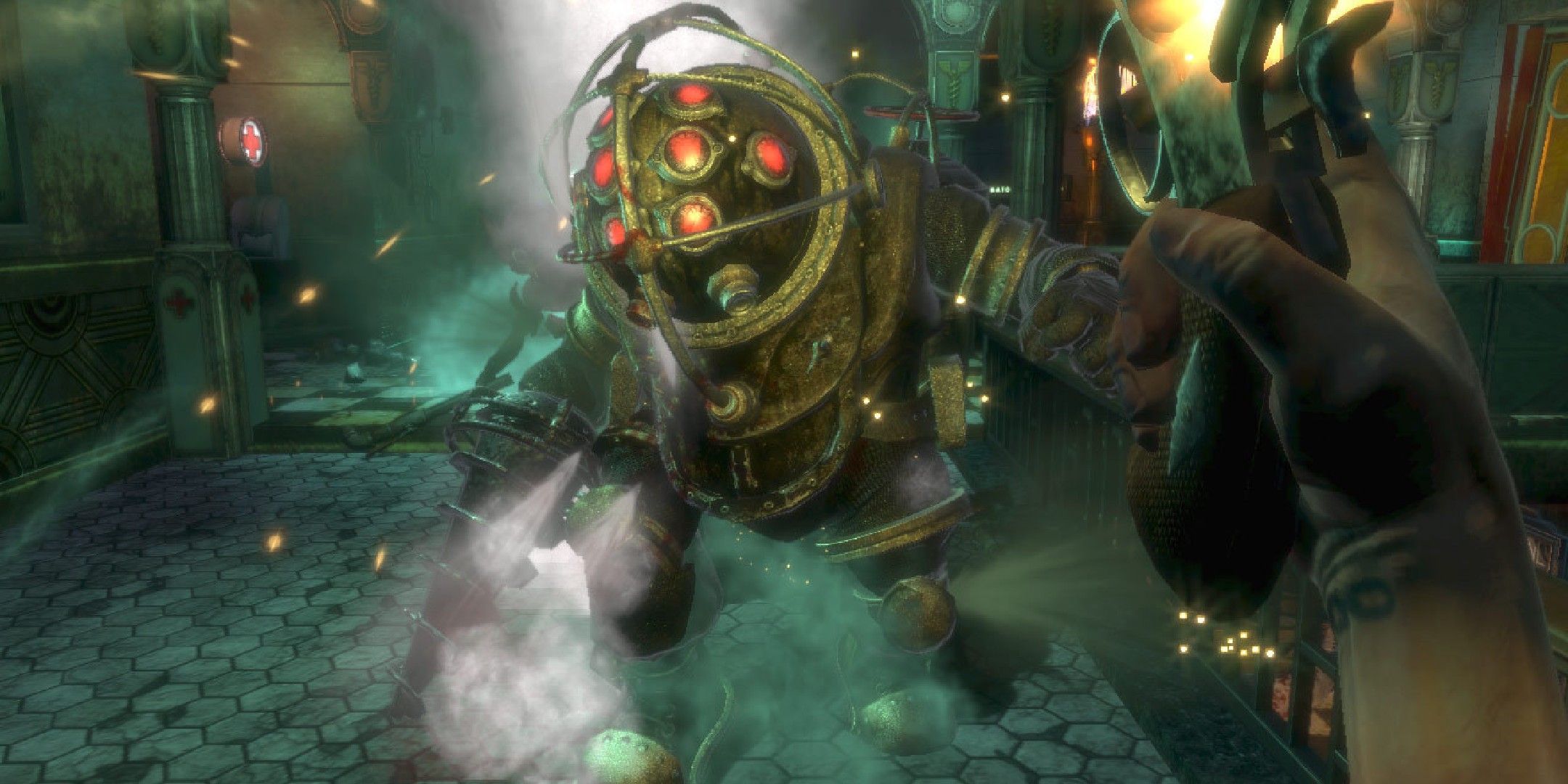 Man shooting a Big Daddy in BioShock.