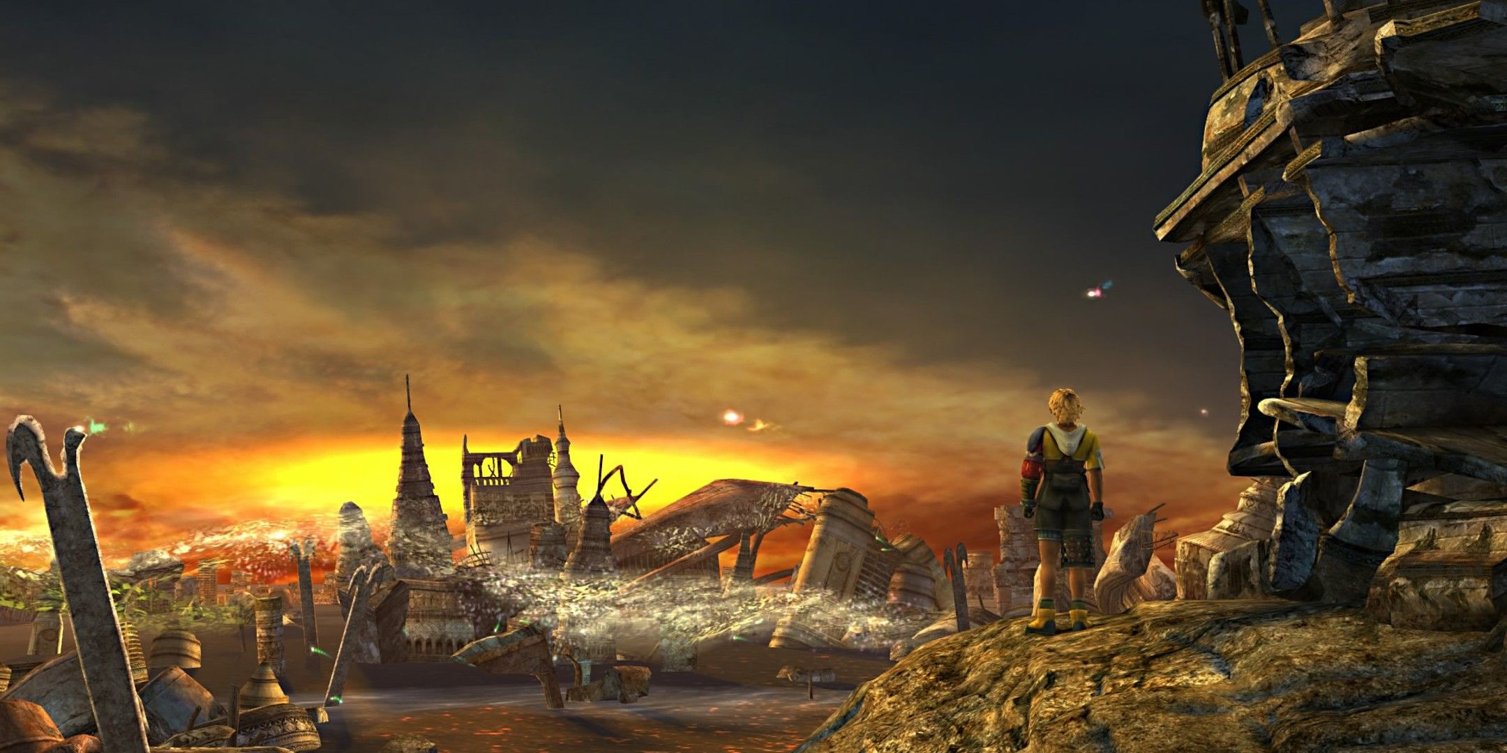 Tidus overlooking a devastated city in Final Fantasy 10.