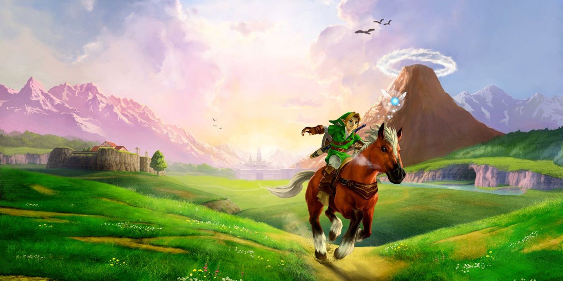 Link riding Epona across Hyrule Field in Ocarina of Time.