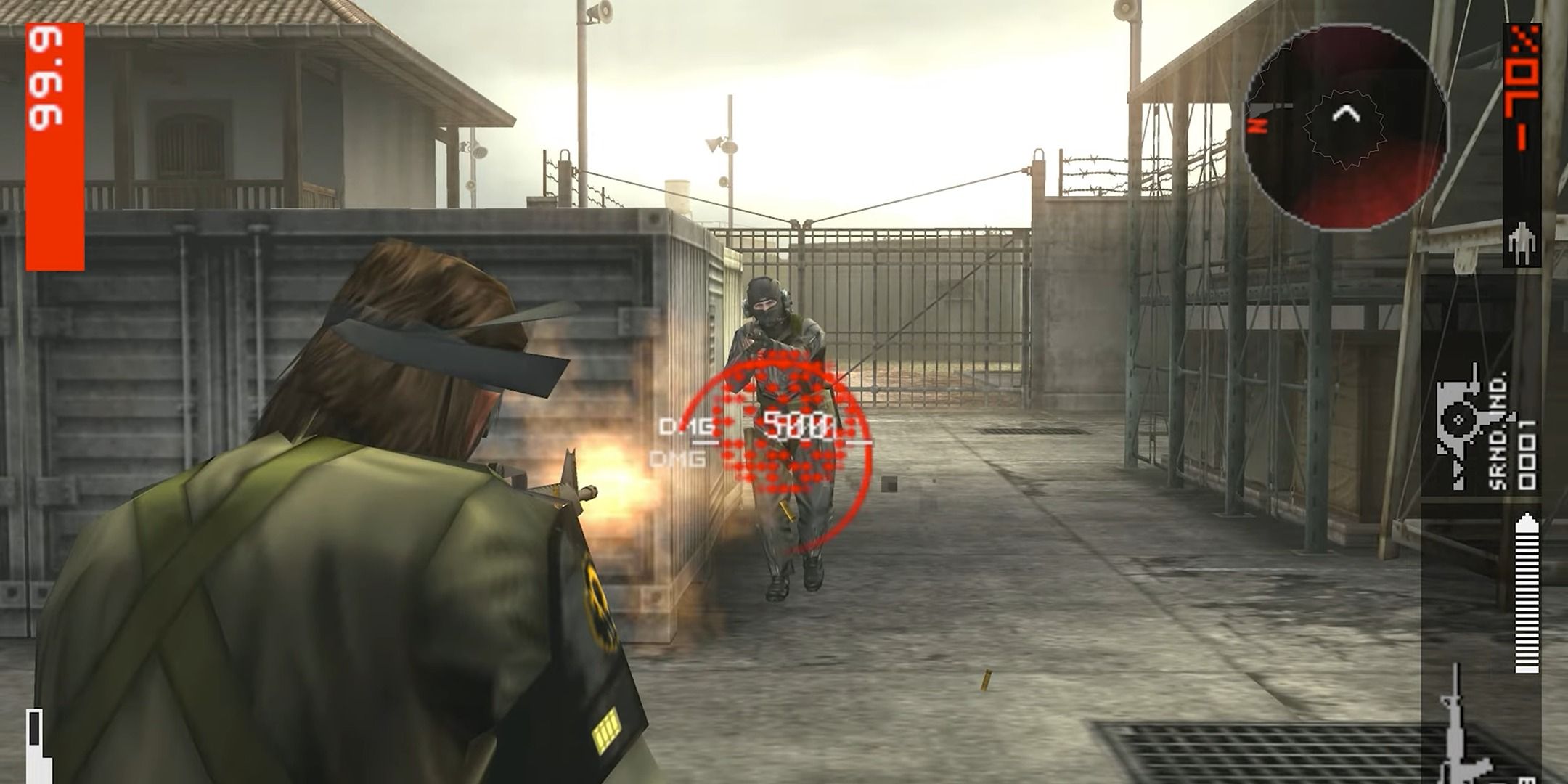 Big Boss shooting someone in Metal Gear Solid Peace Walker.