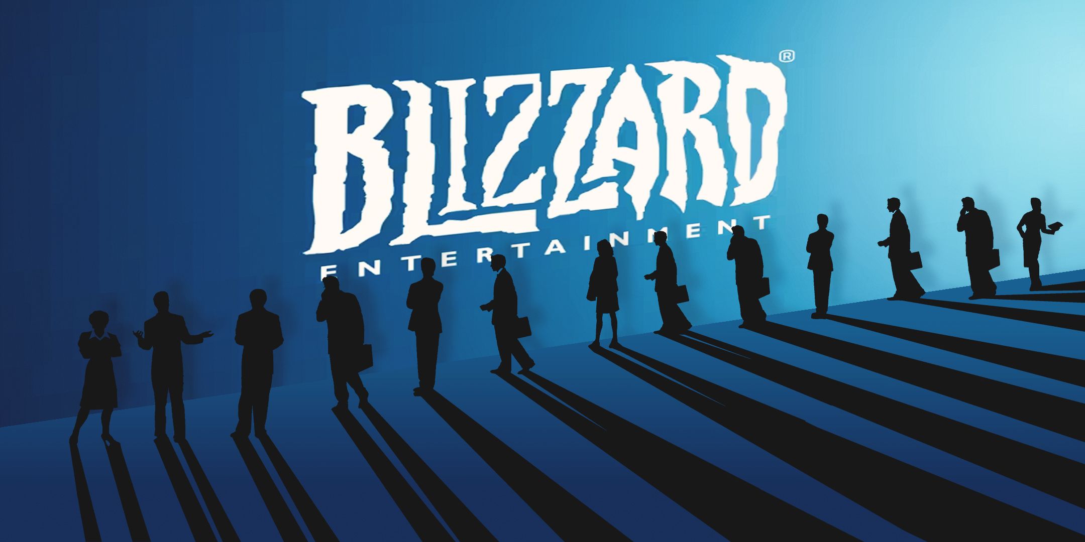 Silhouettes of workers in front of the Blizzard logo. 