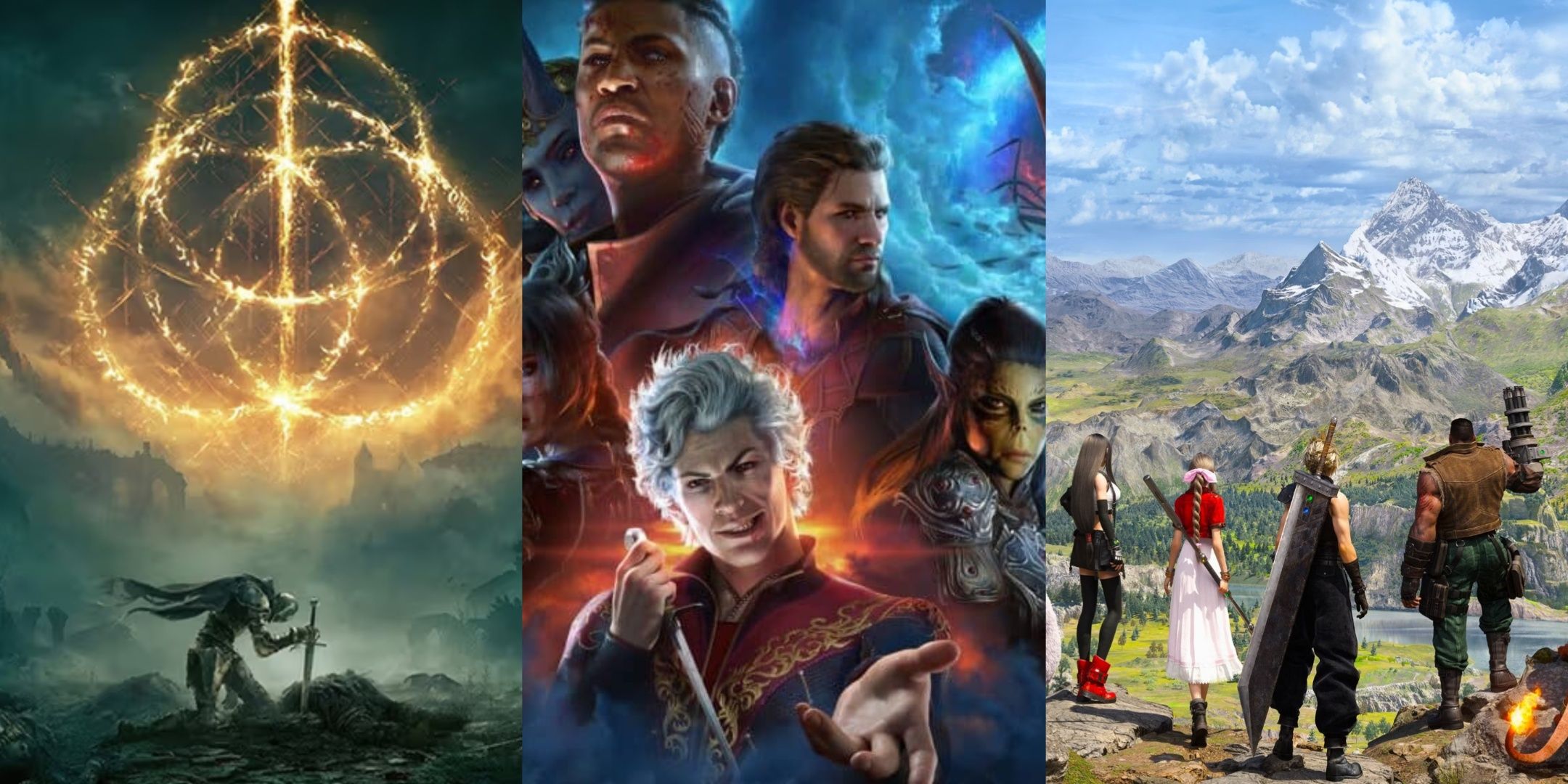 Box art to Elden Ring and Baldur's Gate 3, plus Cloud and his gang from Final Fantasy 7 Rebirth