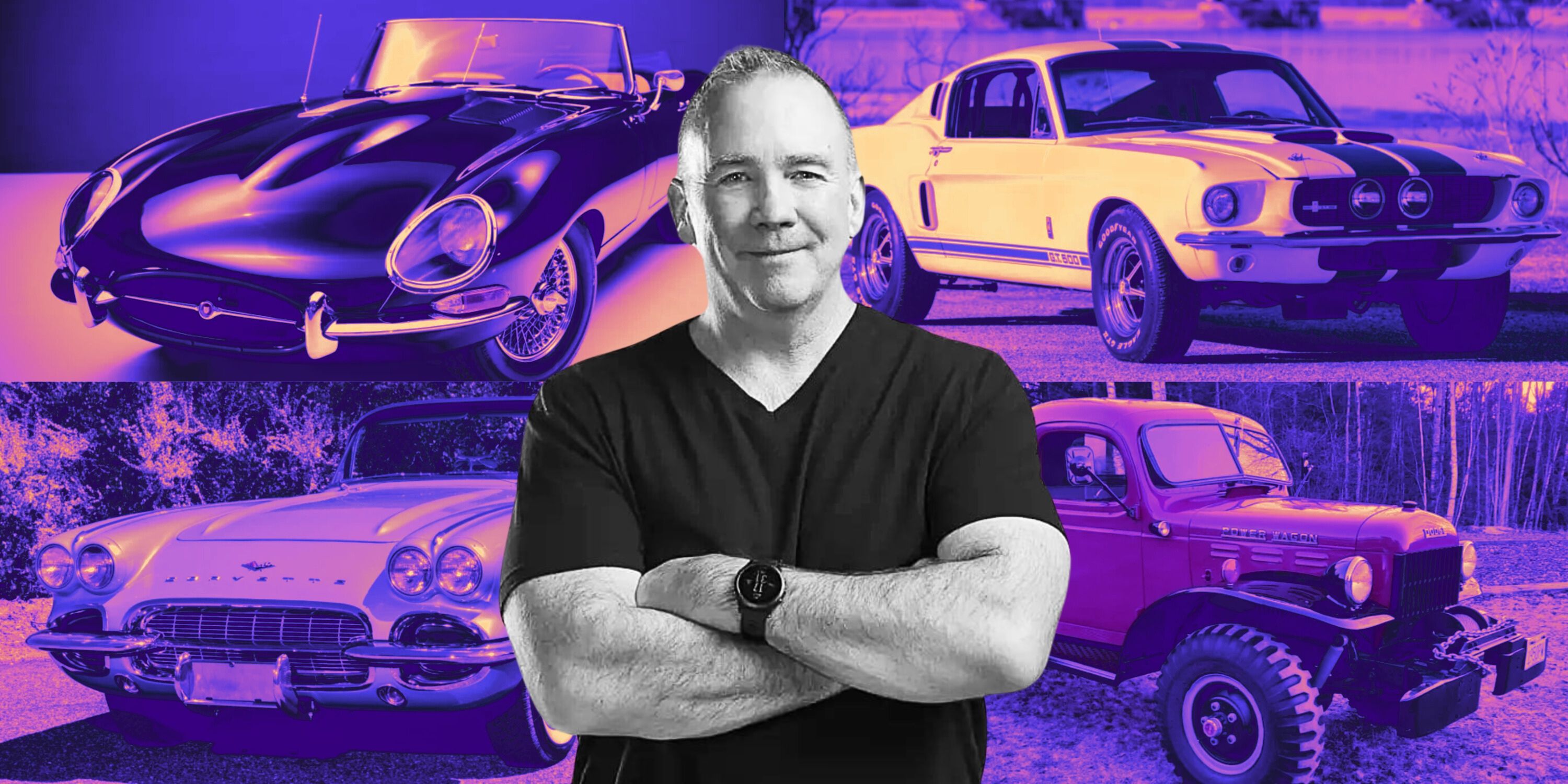 Collage image featuring four expensive cars and the CEO of Bungie - Pete Parsons