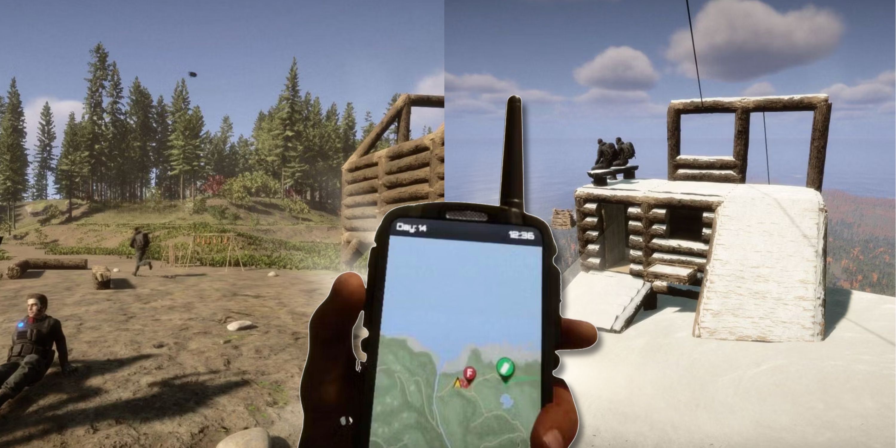 Collage image featuring two bases from Sons of the Forest and a player holding a digital GPS