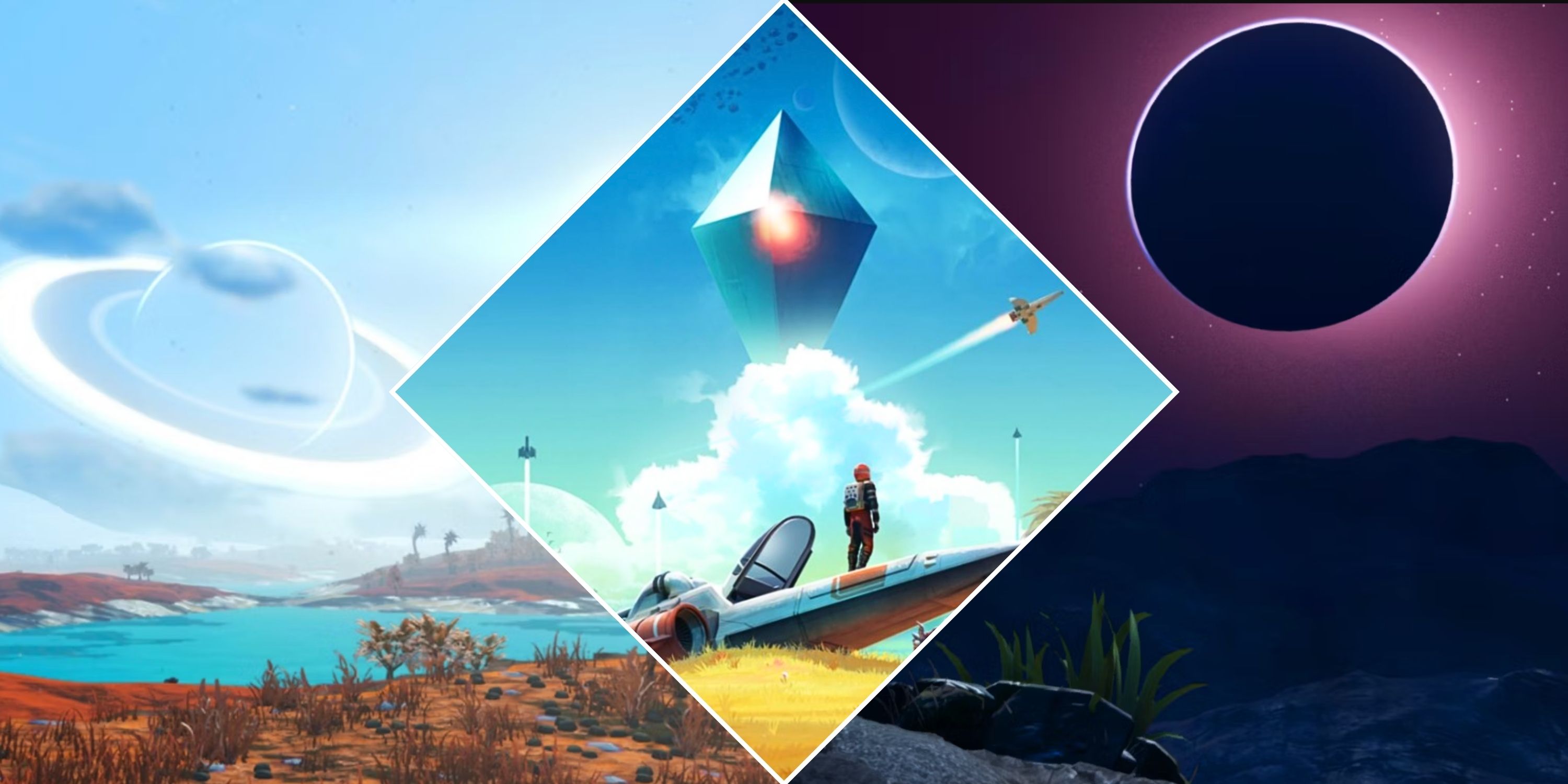 Collage image featuring two No Man's Sky planets and the cover art for the game