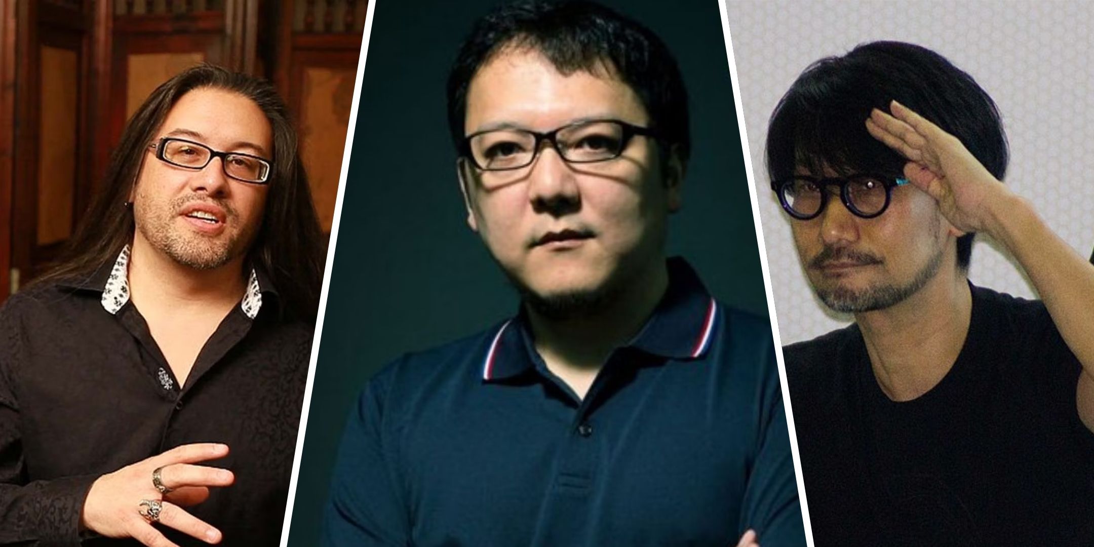 Split image of John Romero, Hidetaka Miyazaki and Hideo Kojima.