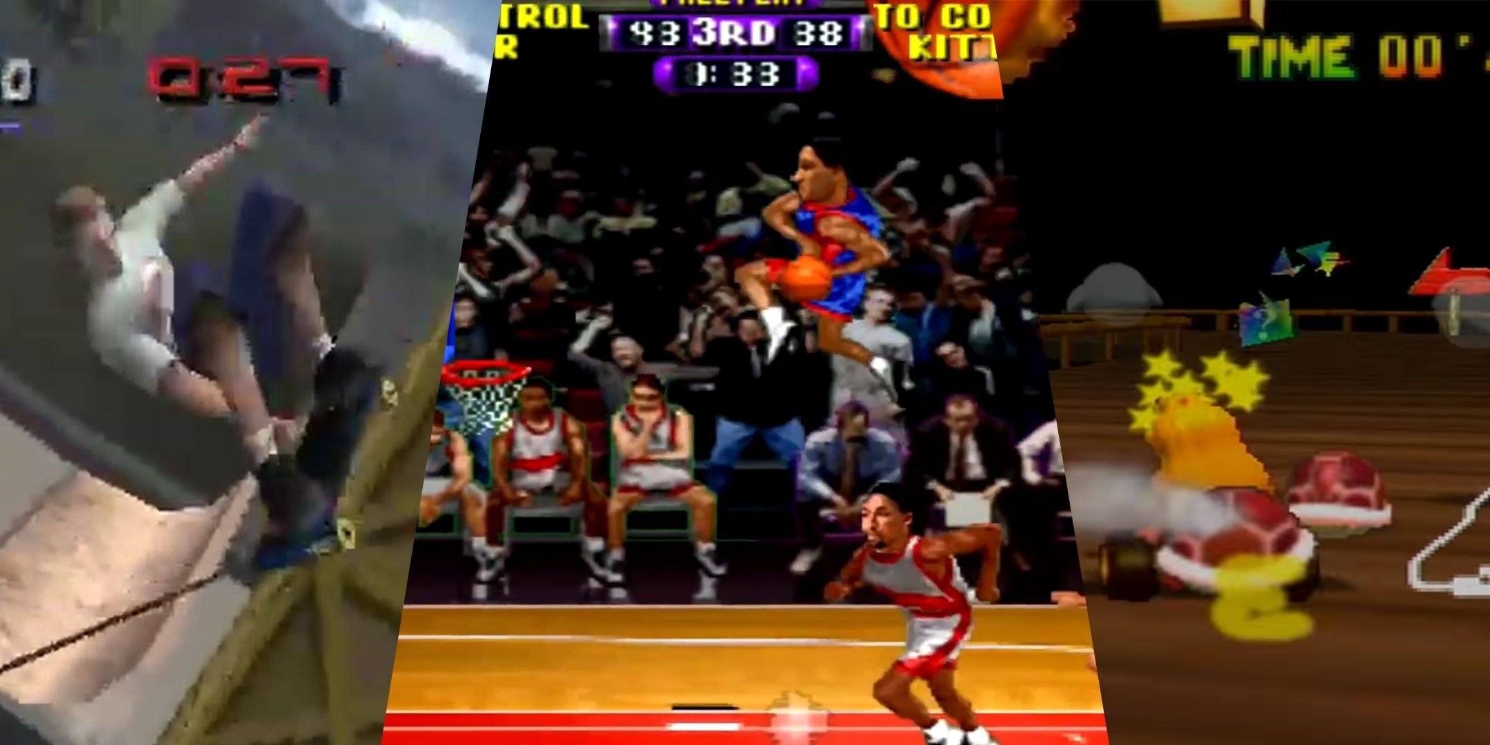 Tony Hawk doing a trick, a slam dunk, and peach driving with red shells in Tony Hawk Pro Skater 3, NBA Hangtime and Mario Kart 64.