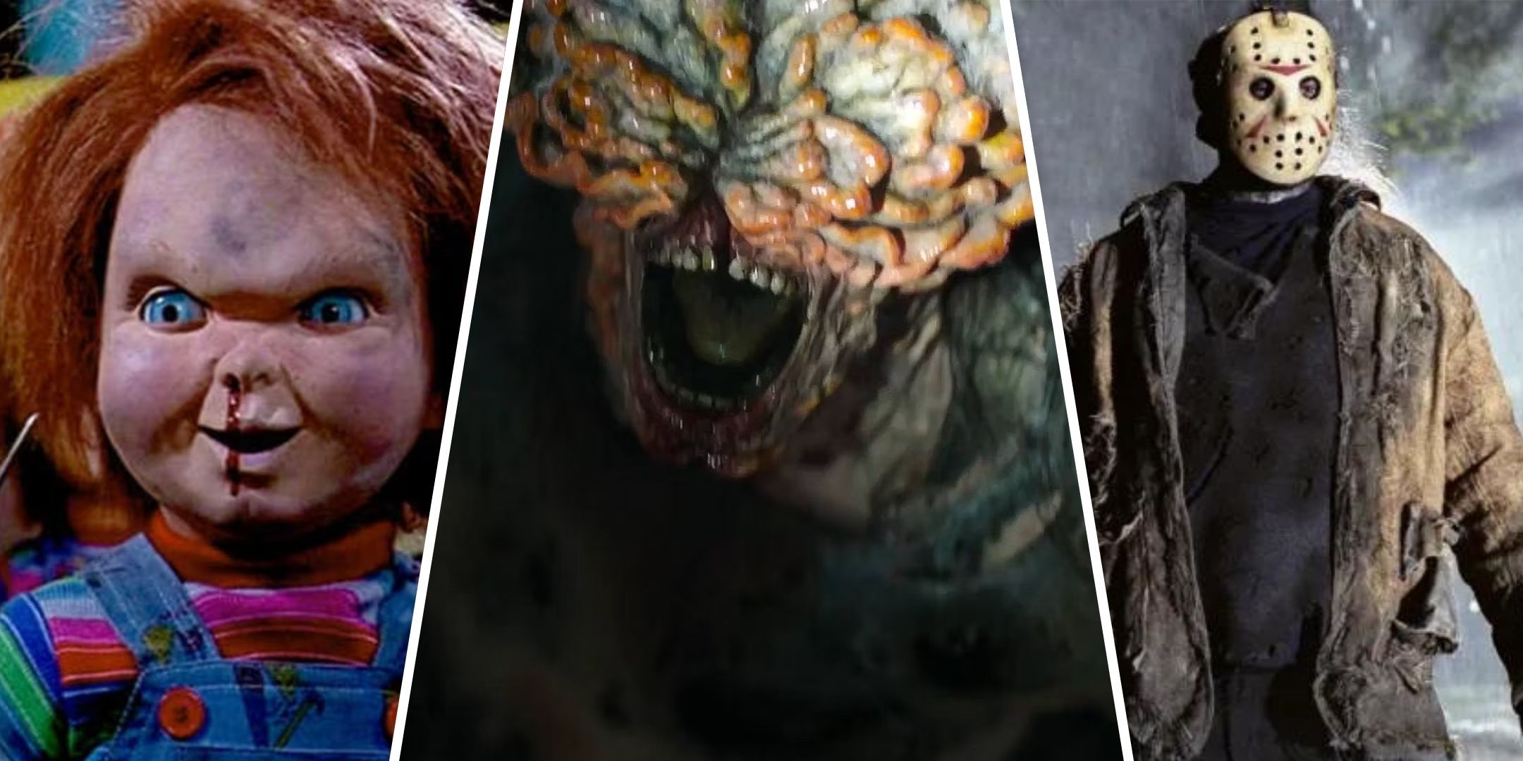 Collage image of Chucky, a clicker from The Last of us, and Jason Voorhees.