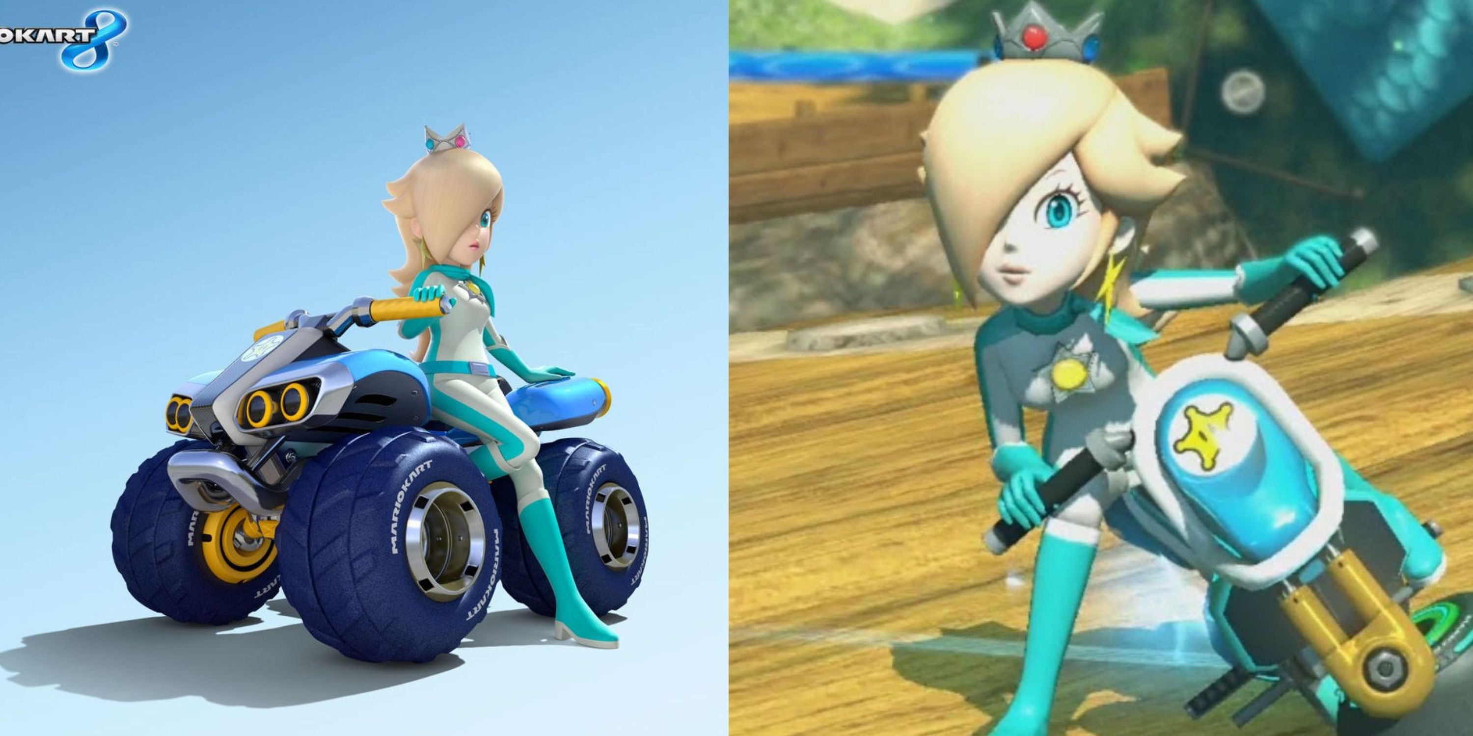 Side by Side photos of Rosalina from Mario Kart 8. 