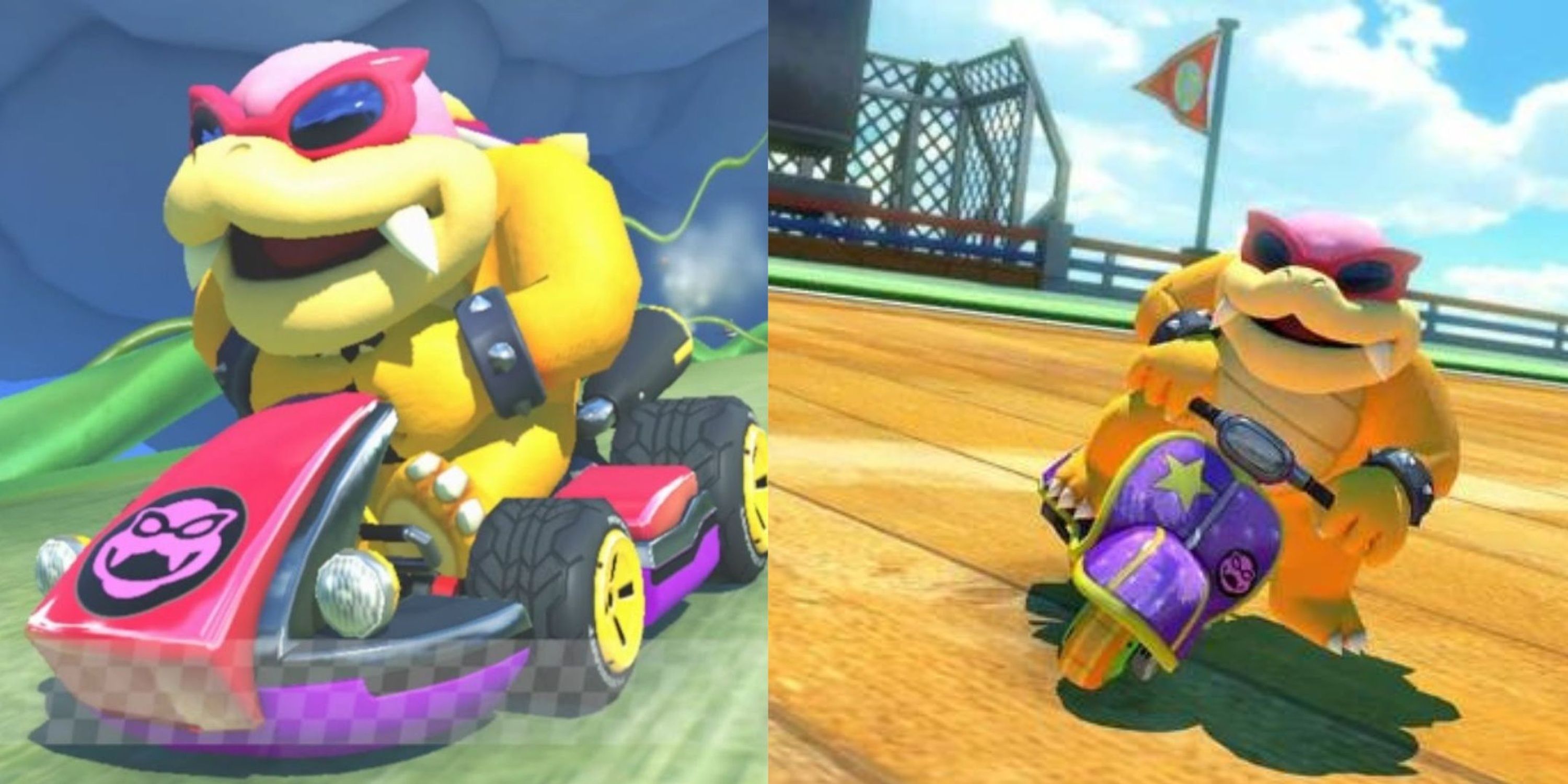 Two side by side pictures of Roy in Mario Kart 8. 