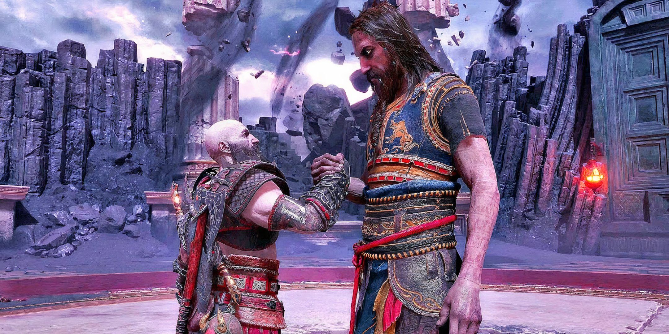 Tyr and Kratos about to fight in the God of War Ragnarok DLC.